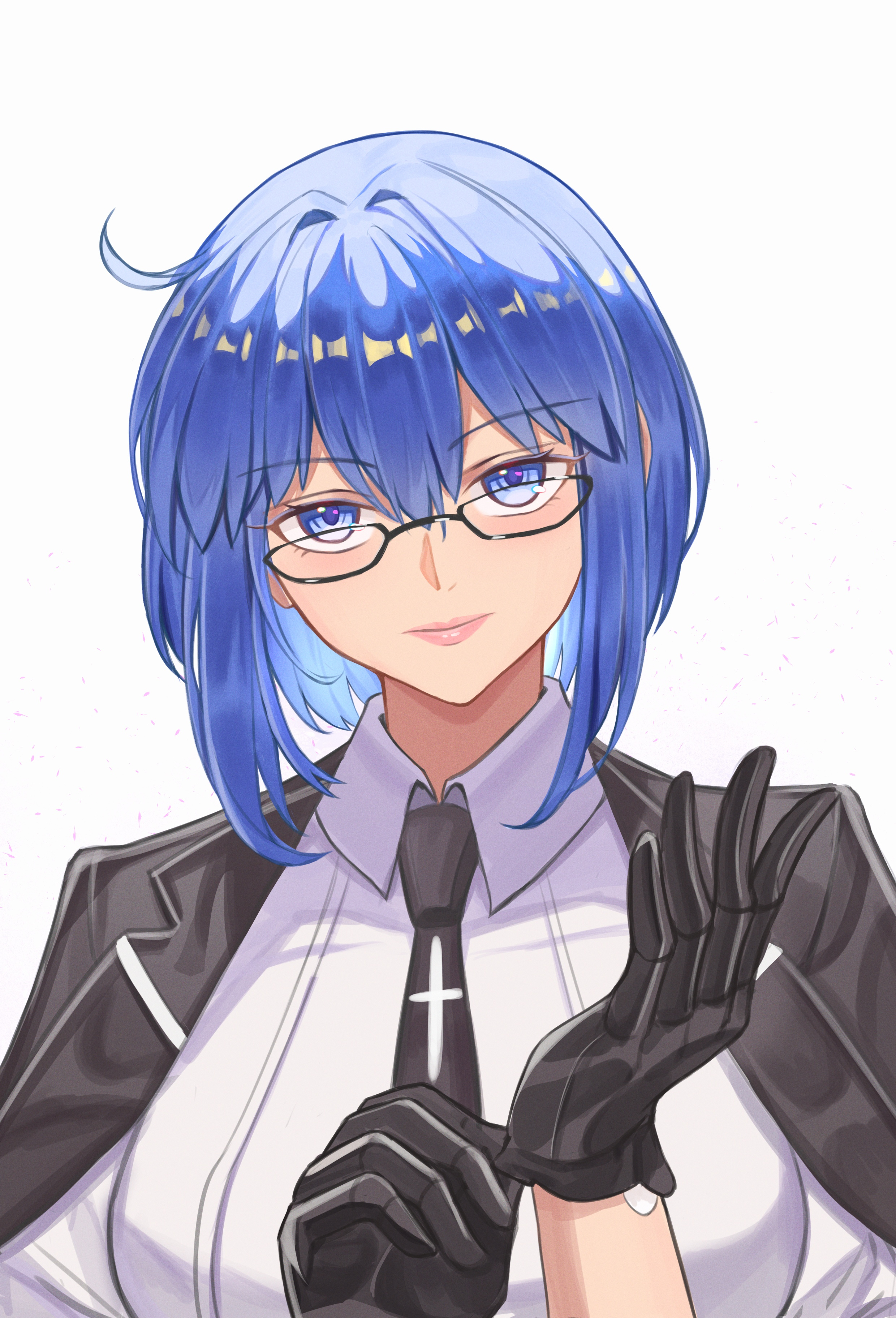 kaworu13, ciel-sensei (fate), ciel (tsukihime), fate/grand order, fate (series), tsukihime, tsukihime (remake), c.i.e.l (fate), absurdres, highres, 1girl, black gloves, black jacket, blue eyes, blue hair, breasts, glasses, gloves, jacket, jacket on shoulders, large breasts, medium hair, pink lips, shirt, simple background, solo, upper body, white background, white shirt