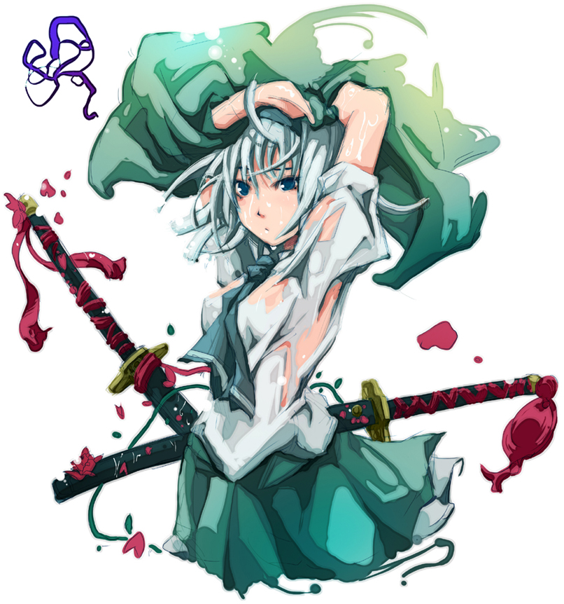 dain, konpaku youmu, touhou, bad id, bad pixiv id, 1girl, armpits, female focus, solo, wet, wet clothes