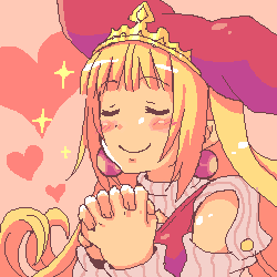 tsuyuka (sunny spot), princess kururu, little princess, marl kingdom, nippon ichi, striped, lowres, 1girl, animal hat, blonde hair, blunt bangs, blush, buttons, closed eyes, crown, detached sleeves, earrings, female focus, flipped hair, happy, hat, heart, jewelry, long hair, oekaki, own hands clasped, own hands together, profile, sidelocks, simple background, smile, solo, sparkle, sparks, turtleneck, upper body, very long hair