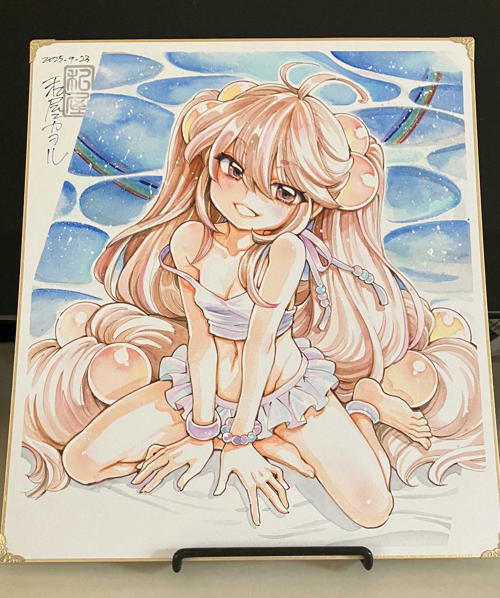 watashiya kaworu, kokonoe rin, kodomo no jikan, commentary request, highres, photo (medium), traditional media, 1girl, ahoge, anklet, barefoot, bead bracelet, beads, bikini, bikini skirt, bracelet, breasts, brown eyes, brown hair, dated, feet, grin, hair between eyes, hair bobbles, hair ornament, jewelry, long hair, looking at viewer, navel, rainbow, seal impression, single off shoulder, sitting, small breasts, smile, solo, strap slip, swimsuit, toes, very long hair, water, white bikini, yokozuwari