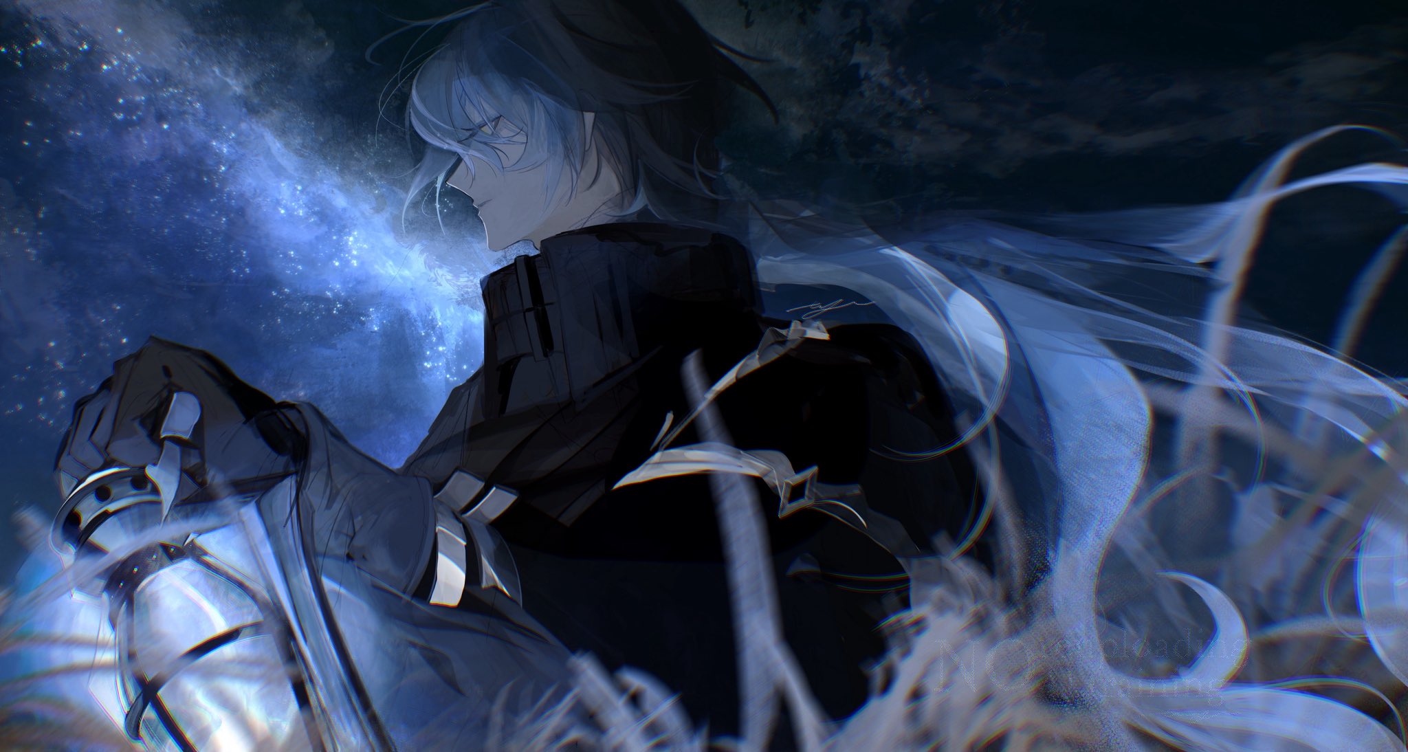 co6 3g, flins (genshin impact), genshin impact, highres, 1boy, arm belt, arm up, belt, black coat, black gloves, blue hair, closed mouth, coat, collared coat, from side, gloves, grass, holding, holding lantern, lantern, long hair, long sleeves, male focus, outdoors, profile, sky, solo, star (sky), starry sky, very long hair, watermark, yellow eyes