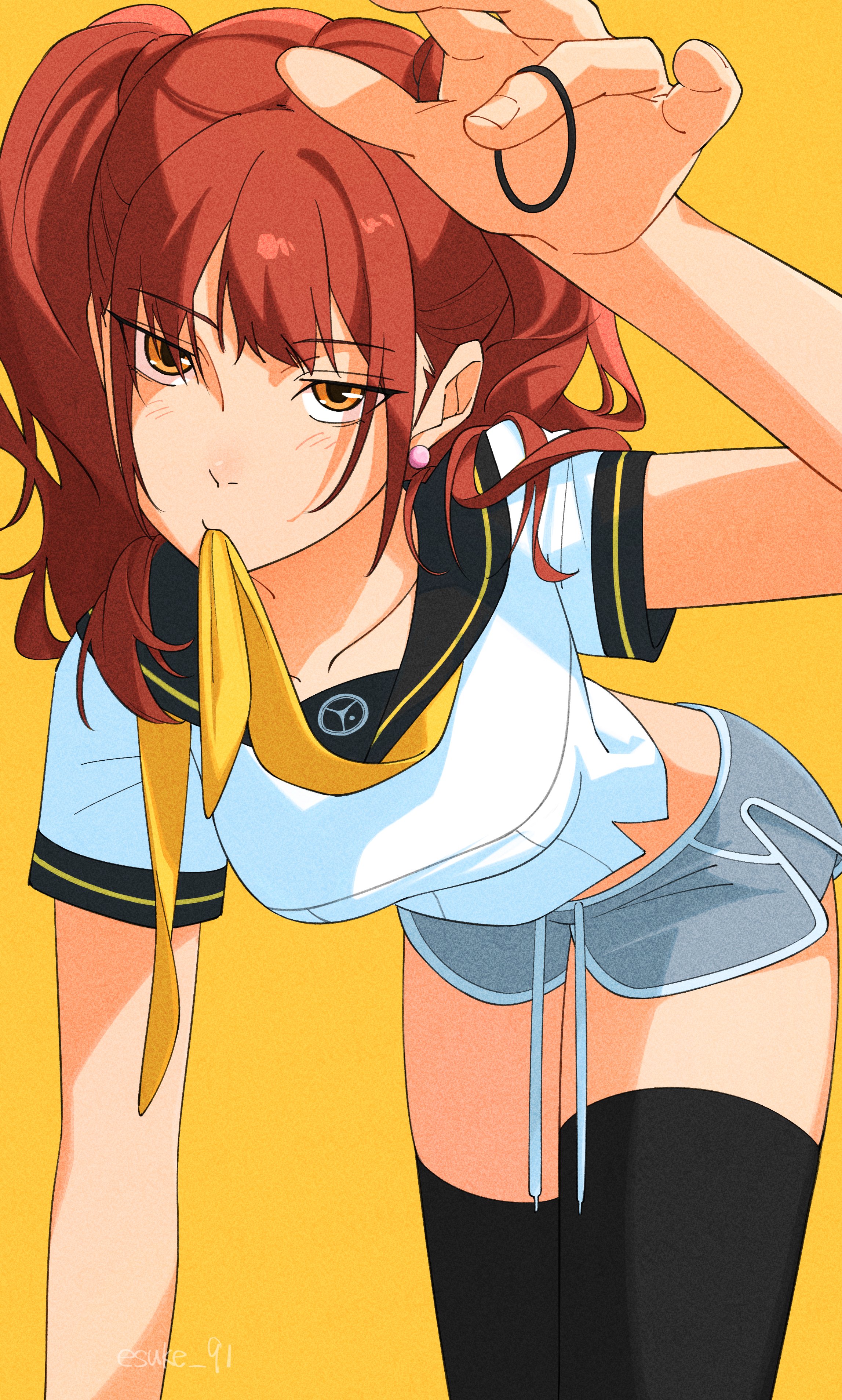 esuke9, kujikawa rise, persona, persona 4, absurdres, highres, black thighhighs, brown hair, dolphin shorts, earrings, hair tie, houndstooth, jewelry, looking at viewer, school uniform, shorts, thighhighs, thighs, twintails, yasogami school uniform, zettai ryouiki
