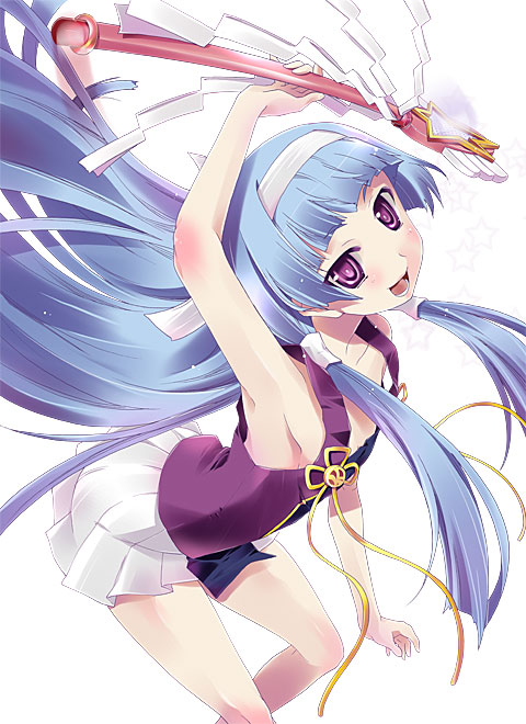 imu sanjo, nagi, kannagi, 00s, armpits, blue hair, blunt bangs, hairband, long hair, purple eyes, solo, wand