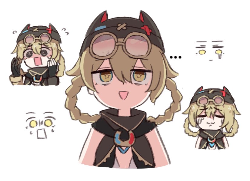 chirun0, jahoda (genshin impact), genshin impact, 1girl, @ @, animal ear headwear, arms at sides, asymmetrical gloves, beanie, black gloves, black hat, blonde hair, braid, braided hair rings, cleavage cutout, closed eyes, clothing cutout, crying, double-parted bangs, eyewear on head, facing viewer, fake animal ears, fingerless gloves, flying sweatdrops, furrowed brow, gloves, hair between eyes, hair rings, hands up, hat, jewelry, looking at viewer, looking down, multiple expressions, open hands, open mouth, pink-tinted eyewear, ring, shaded face, solo, surprised, tears, tinted eyewear, triangle mouth, white background, wide-eyed, yellow-framed eyewear, yellow eyes