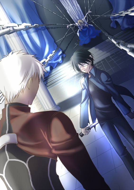vesper xin, archer (fate), arcueid brunestud, nanaya shiki, satsujinki, tohno shiki, fate/stay night, fate (series), tsukihime, type-moon, 00s, 1girl, 3boys, bandages, bandages over eyes, blindfold, blonde hair, chain, crossover, epic, knife, multiple boys, nanatsu-yoru, reverse grip