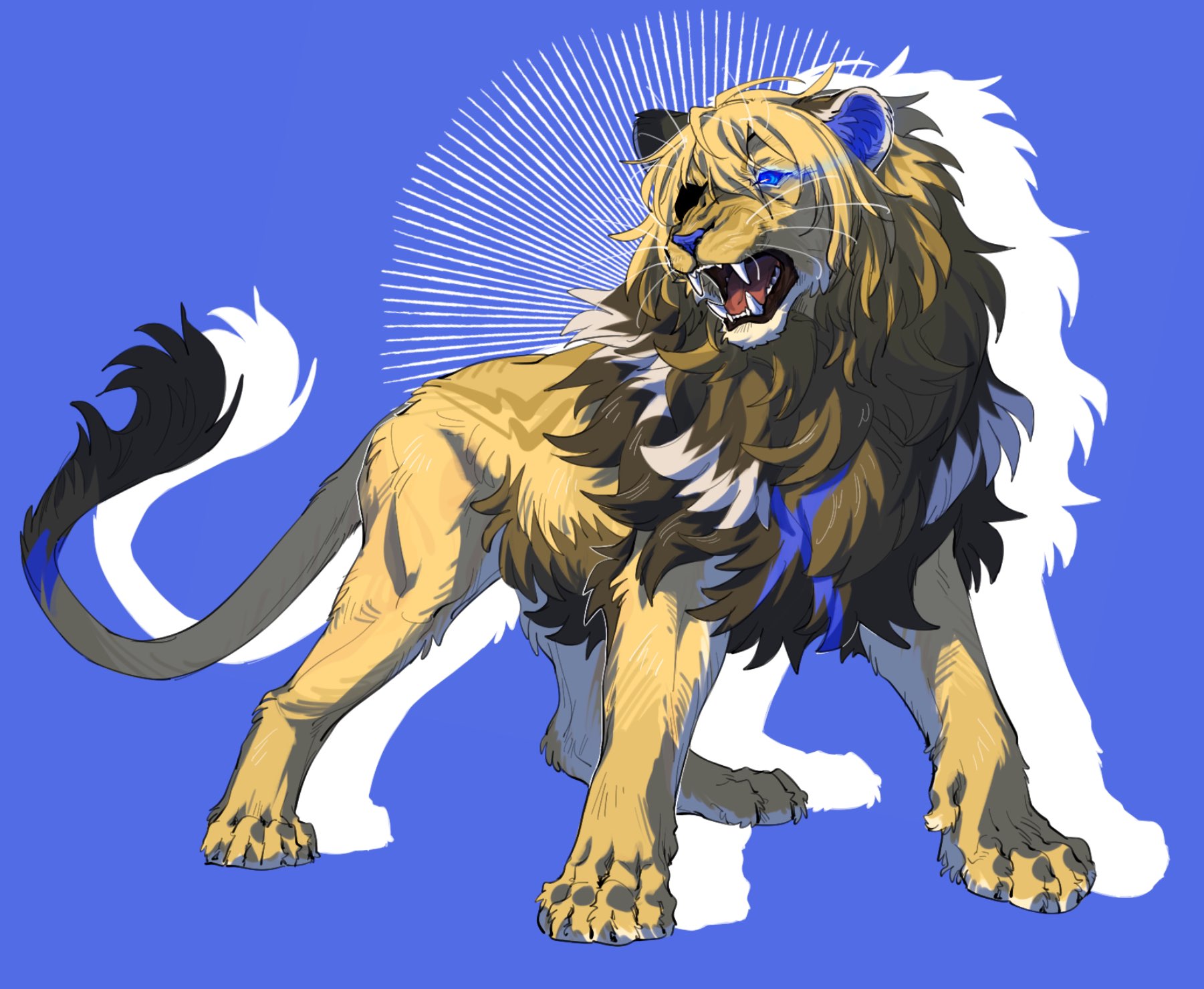 aaasakawa, dimitri alexandre blaiddyd, dimitri alexandre blaiddyd (blue lion), dimitri alexandre blaiddyd (timeskip), fire emblem, fire emblem: three houses, fire emblem shadows, nintendo, highres, 1boy, animalization, blue background, blue eyes, eyepatch, fangs, full body, glowing, glowing eye, lion, male focus, one eye covered, open mouth, solo, standing, teeth