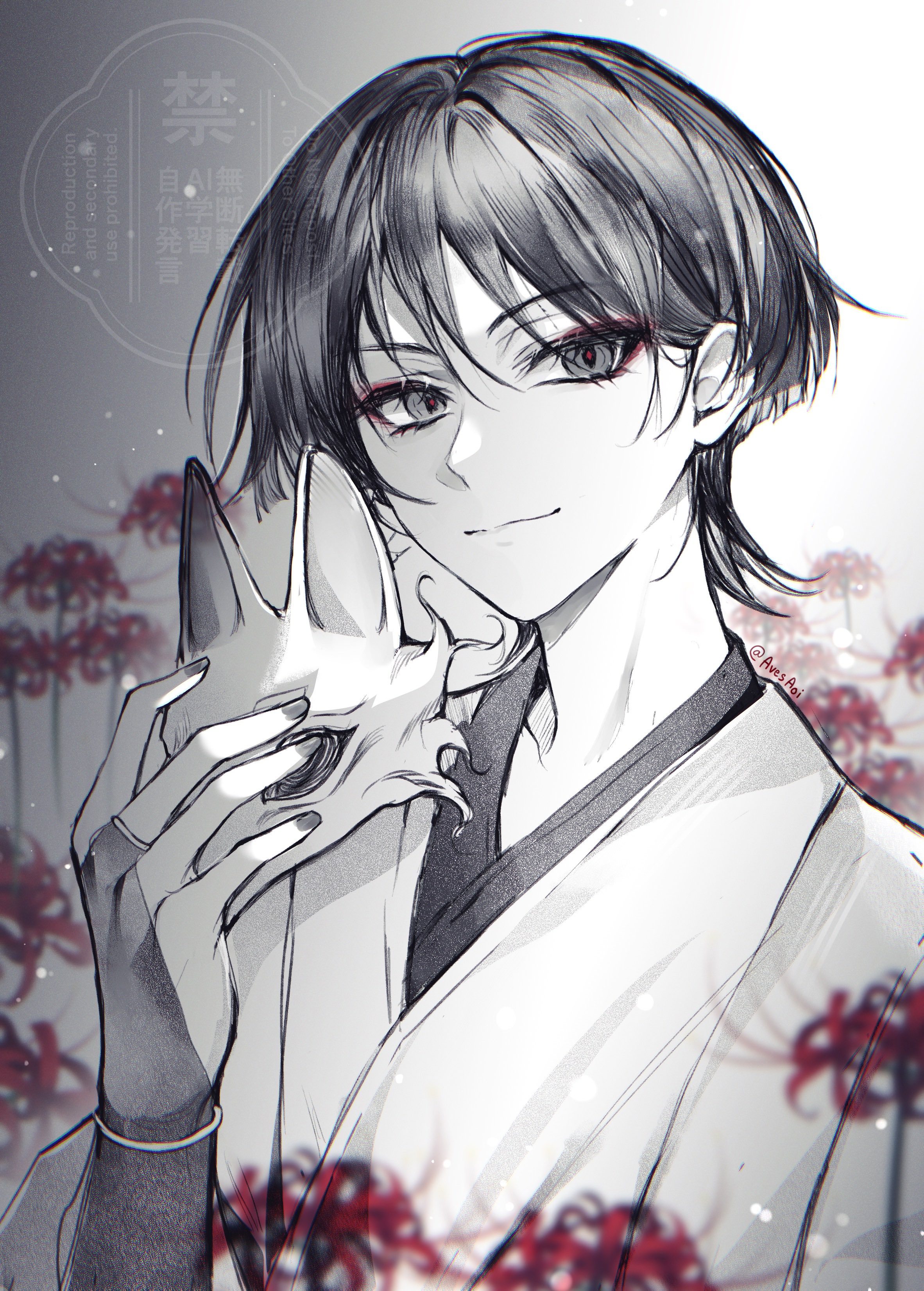 avesaoi, scaramouche (genshin impact), genshin impact, absurdres, highres, 1boy, blunt ends, bridal gauntlets, bug, closed mouth, eyelashes, eyeliner, eyeshadow, fingernails, flower, fox mask, greyscale, hair between eyes, hand up, haori, holding, holding mask, japanese clothes, kimono, looking at viewer, makeup, male focus, mask, middle ring, monochrome, monochrome background, red eyeliner, red eyeshadow, red flower, red pupils, smile, solo, spider, spot color, tsurime, twitter username, upper body, watermark, wispy bangs