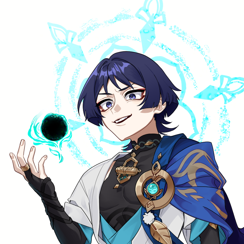jikuno ame, scaramouche (genshin impact), wanderer (genshin impact), genshin impact, 1boy, anemo symbol (genshin impact), aqua gemstone, arm at side, armor, black bodysuit, blue cape, blue halo, blue kimono, blue sleeves, blunt ends, bodysuit, cape, covered collarbone, eyeliner, eyeshadow, feathers, fingernails, gem, gold ring, gold trim, halo, halo behind head, hand up, japanese armor, japanese clothes, juban, kimono, kote, kurokote, layered sleeves, looking at viewer, magic circle, makeup, male focus, mandarin collar, middle ring, open clothes, open hand, open kimono, parted lips, pom pom (clothes), portrait, purple eyes, red eyeliner, red eyeshadow, short sleeves, shoulder peek, smirk, solo, teeth, tsurime, upper teeth only, vision (genshin impact), vortex, white background, white kimono, white sleeves, wind, wispy bangs, yellow feathers