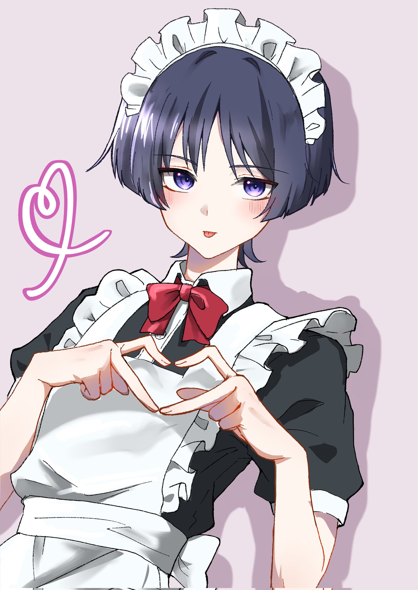 purinigax, scaramouche (genshin impact), genshin impact, highres, 1boy, alternate costume, apron, black dress, black sleeves, blunt ends, blush, bow, bowtie, collar, collared dress, crossdressing, crossdressing (mtf), dress, drop shadow, dutch angle, enmaided, eyeliner, eyeshadow, fingernails, four-finger heart hands, frilled apron, frills, grey hair, hands up, heart, heart hands, juliet sleeves, long sleeves, looking at viewer, maid, maid apron, maid headdress, makeup, male focus, male maid, pink background, puffy sleeves, purple eyes, red bow, red bowtie, red eyeliner, red eyeshadow, short sleeves, solo, tongue, tongue out, upper body, white apron, white collar, wispy bangs