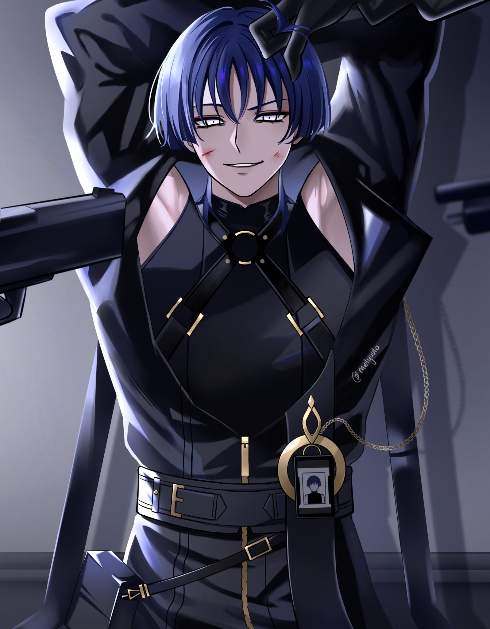 scaramouche (genshin impact), wanderer (genshin impact), genshin impact, derivative work, highres, 1boy, aiming at another, arms behind head, arms up, belt, black belt, black jacket, black shirt, black sleeves, blunt ends, chest belt, eyeliner, eyeshadow, gold buckle, gun, handgun, hoyofair, id card, injury, jacket, lapels, long sleeves, looking at viewer, makeup, male focus, mandarin collar, melyuuto, o-ring, o-ring belt, open clothes, open jacket, parted lips, pouch, purple hair, raised eyebrow, red eyeliner, red eyeshadow, shadow, shirt, shoulder peek, sidelighting, smirk, solo, straight-on, thigh pouch, tsurime, undershirt, upper body, weapon, white eyes, white mouth, zipper pull tab