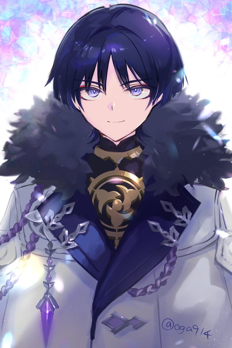 oga914, scaramouche (genshin impact), genshin impact, highres, 1boy, aiguillette, blunt ends, bright pupils, closed mouth, coat, crystal, eyeliner, eyeshadow, fatui coat, fatui logo, fur collar, gem, gold, hair intakes, jewelry, lapels, makeup, male focus, mandarin collar, mitsudomoe (shape), neck ring, parted bangs, purple eyes, purple gemstone, purple rope, red eyeliner, red eyeshadow, rope, shimenawa, simple background, smile, solo, straight-on, tomoe (symbol), tsurime, twitter username, upper body, white coat, white pupils, white rope, winter clothes, winter coat