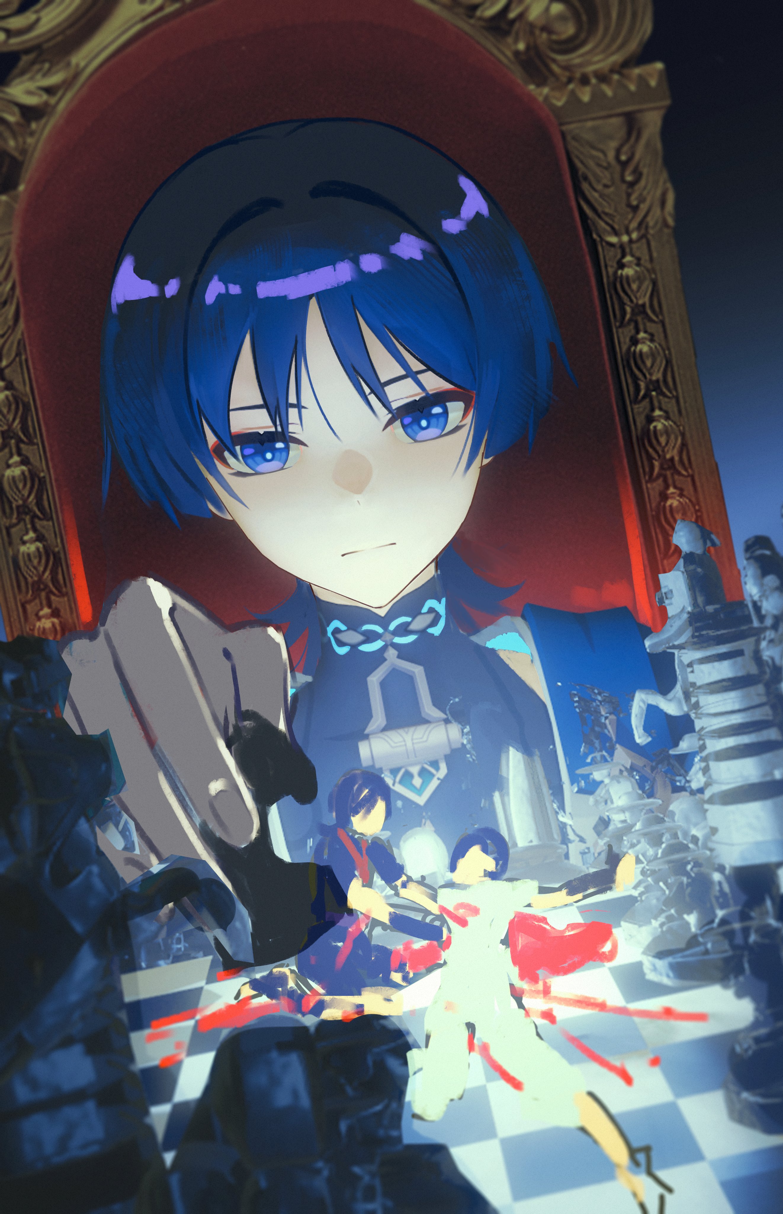 miaoyeza233, scaramouche (genshin impact), scaramouche (kabukimono) (genshin impact), wanderer (genshin impact), genshin impact, absurdres, highres, unfinished, 3boys, black bodysuit, black hair, black kimono, black shorts, black sleeves, blood, blood on ground, blue cape, blue hair, blunt ends, board game, bodysuit, bright pupils, cape, chess, chess piece, chessboard, closed mouth, eyeliner, eyeshadow, fingernails, gold, japanese clothes, juban, kariginu, kimono, kneeling, looking at another, lying, makeup, mandarin collar, multiple boys, multiple persona, on back, outstretched arms, pants, purple eyes, red eyeliner, red eyeshadow, red kimono, short sleeves, shorts, shoulder peek, sketch, split mouth, spread arms, throne, white pants, white pupils, wispy bangs