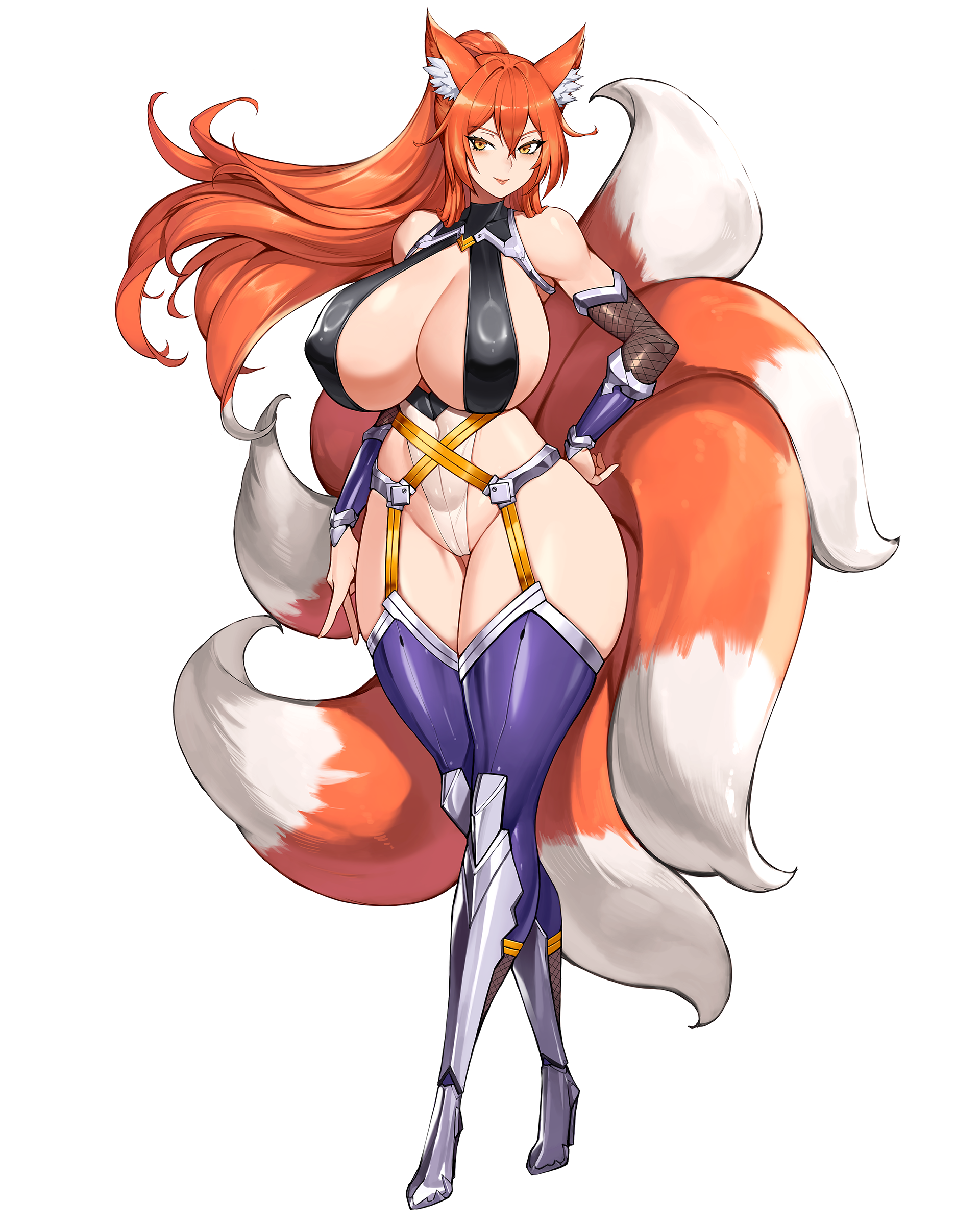 gurimjang, original, absurdres, commission, highres, 1girl, animal ear fluff, animal ears, bare shoulders, blush, boots, breasts, closed mouth, curvy, fox ears, fox girl, fox tail, full body, gloves, highleg, huge breasts, looking at viewer, orange hair, revealing clothes, simple background, skindentation, smile, solo, standing, tail, thick thighs, thigh boots, thighhighs, thighs, v, white background, yellow eyes