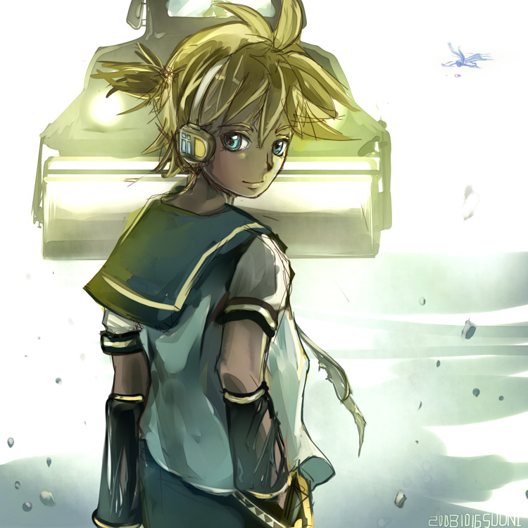 suoni (deeperocean), kagamine len, kaito (vocaloid), vocaloid, 1boy, arm warmers, food, gradient background, ice cream, male focus, school uniform, serafuku, solo, steamroller, white background