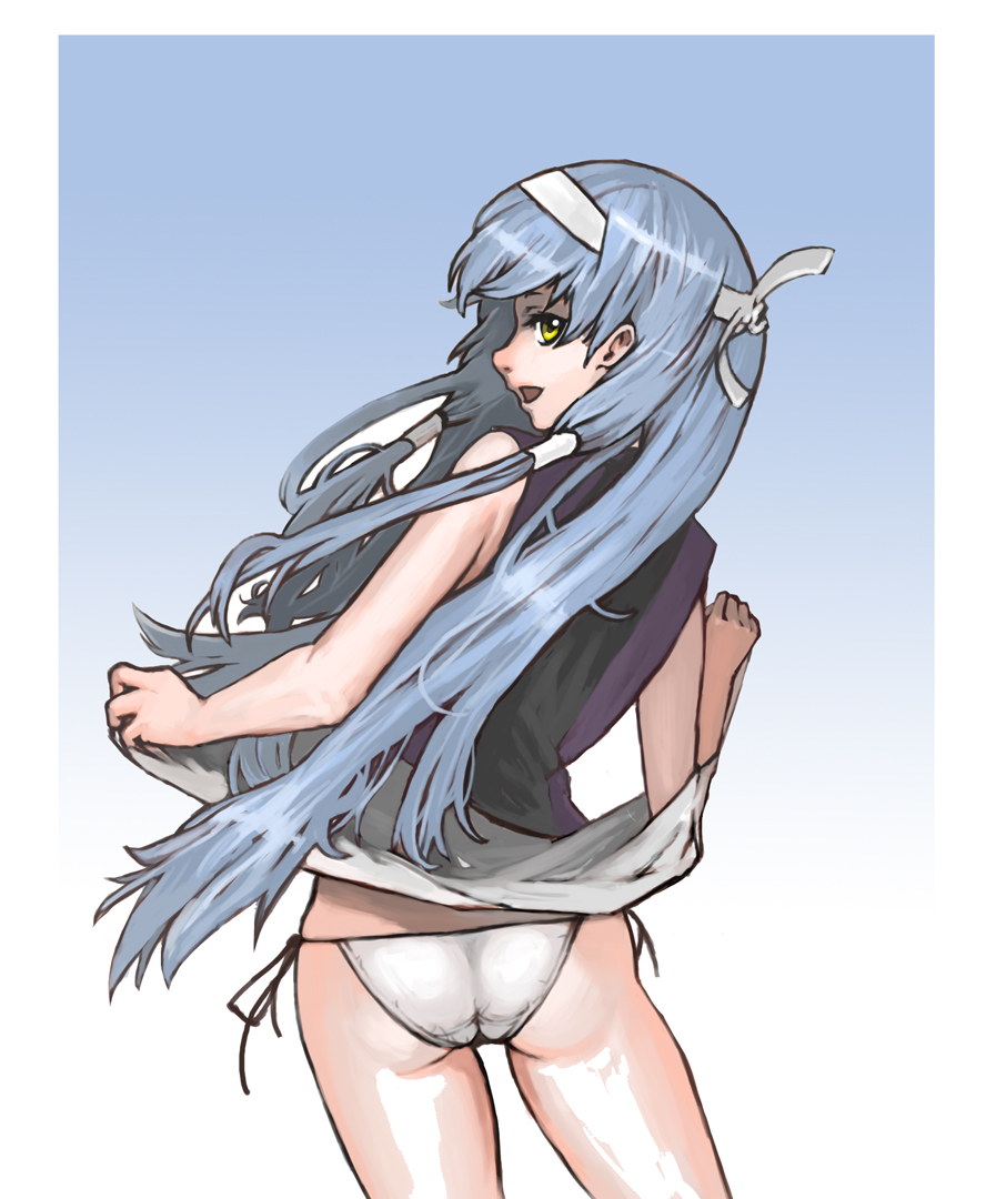 galugama, nagi, kannagi, 00s, 1girl, ass, blue hair, blunt bangs, clothes lift, female focus, panties, pleated skirt, side-tie panties, skirt, skirt lift, solo, underwear, white panties, white skirt, white theme