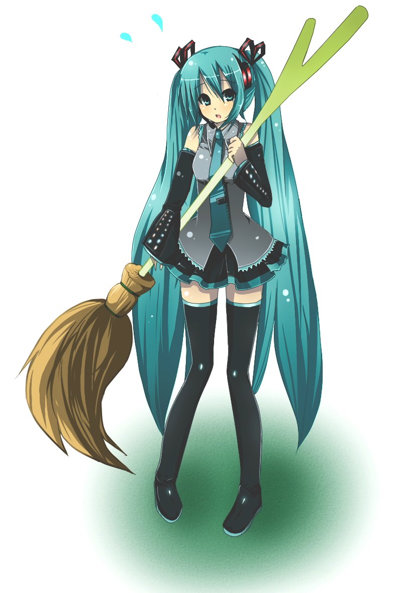 @mikazuki, rairateru, hatsune miku, vocaloid, bad id, bad pixiv id, 1girl, aqua eyes, aqua hair, broom, detached sleeves, female focus, long hair, necktie, skirt, solo, spring onion, sweatdrop, thighhighs, twintails, very long hair, zettai ryouiki