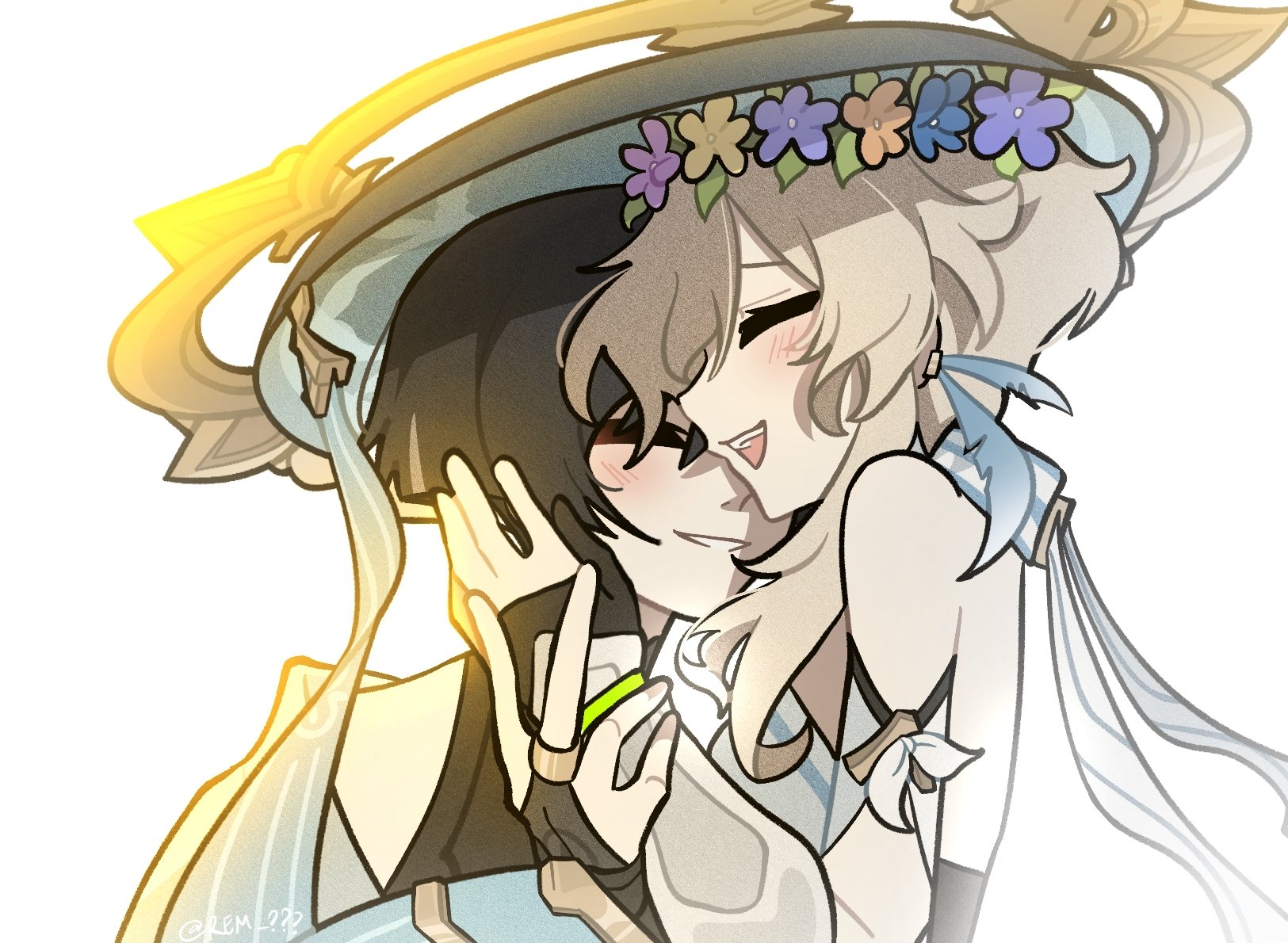 remhotaru, lumine (genshin impact), scaramouche (genshin impact), wanderer (genshin impact), genshin impact, highres, 1boy, 1girl, arm cutout, armor, bell, black bodysuit, black bridal gauntlets, black gloves, black hair, blonde hair, blue feathers, blue flower, blue hat, blue trim, blunt ends, blush, bodysuit, bridal gauntlets, closed eyes, clothing cutout, couple, detached sleeves, dress, earrings, eyelashes, facing another, feather earrings, feathers, flower, flower wreath, gloves, gold, gold ring, gradient feathers, hand on another's face, hand on another's wrist, hand up, happy, hat, hetero, japanese armor, japanese clothes, jewelry, jingle bell, kimono, kote, kurokote, middle ring, open hand, open mouth, orange flower, partially fingerless gloves, purple flower, scarf, shared hat, short hair, short hair with long locks, shoulder peek, sidelocks, smile, twitter username, vambraces, white background, white dress, white feathers, white kimono, white mouth, white scarf, white sleeves, yellow flower