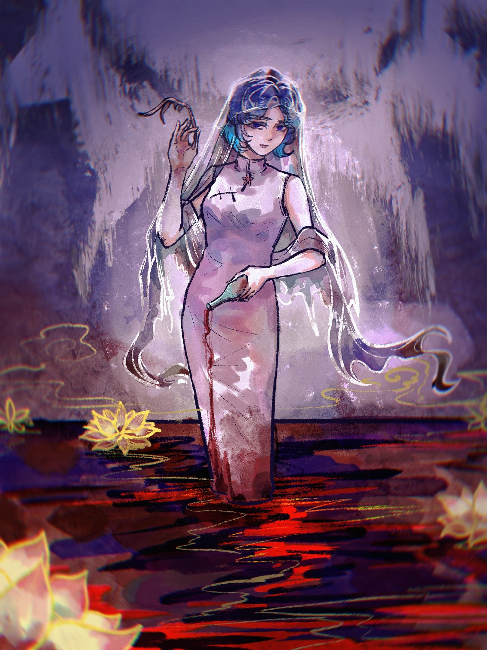 tkotu, highres, 1girl, blood, blood on clothes, blue eyes, blue hair, bodhisattva, branch, china dress, chinese clothes, collared dress, dress, flower, hand up, holding, holding branch, holding vase, kmt (tkotu), looking at viewer, lotus, partyhumans, pool of blood, see-through clothes, see-through shawl, see-through veil, shawl, short hair, sleeveless, sleeveless dress, solo, spill, veil, white dress