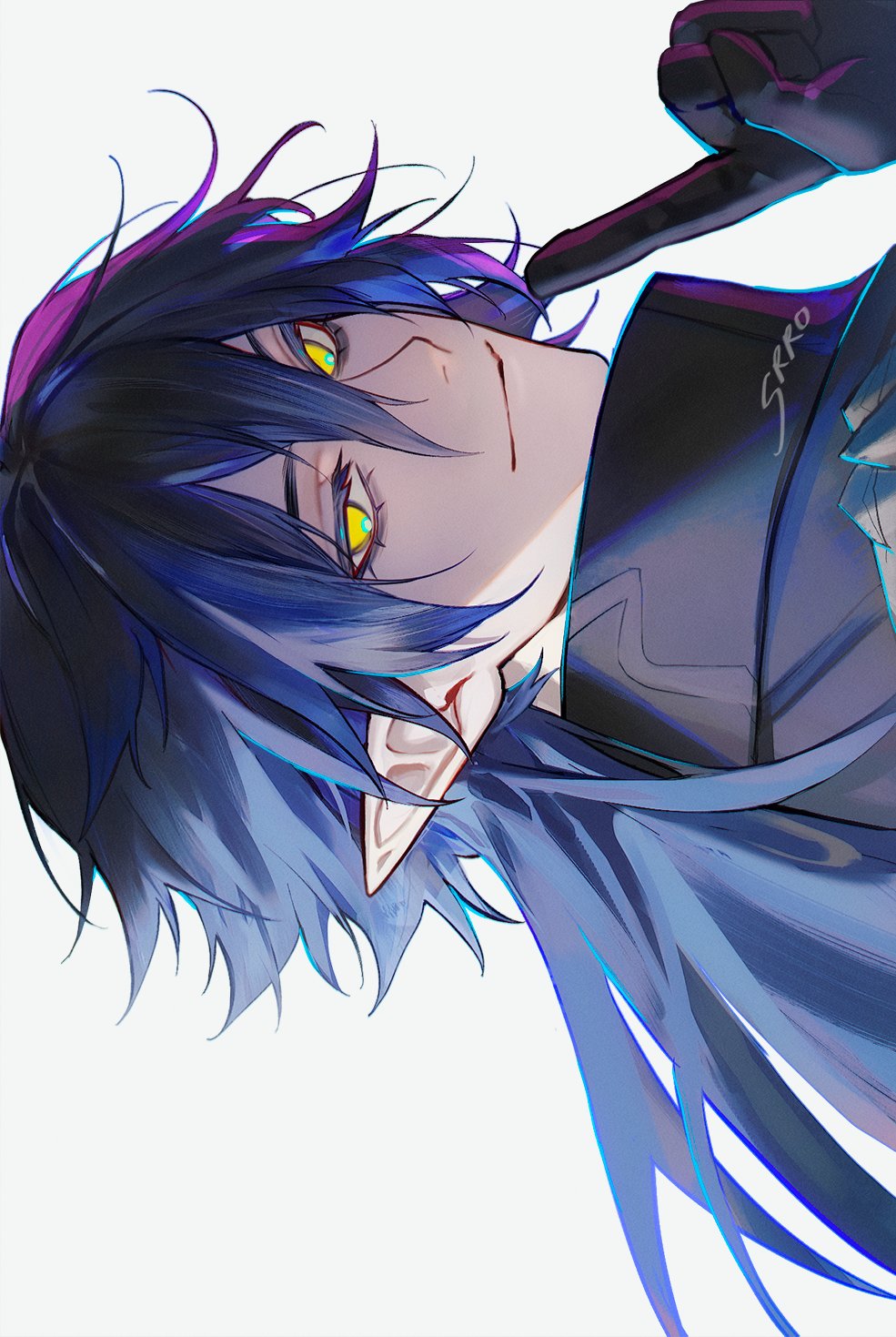 srro yo, flins (genshin impact), genshin impact, commentary, english commentary, highres, 1boy, artist name, black gloves, blue hair, double-parted bangs, eyelashes, gloves, index finger raised, long hair, long pointy ears, looking at viewer, male focus, pointy ears, sideways, simple background, solo, white background, yellow eyes