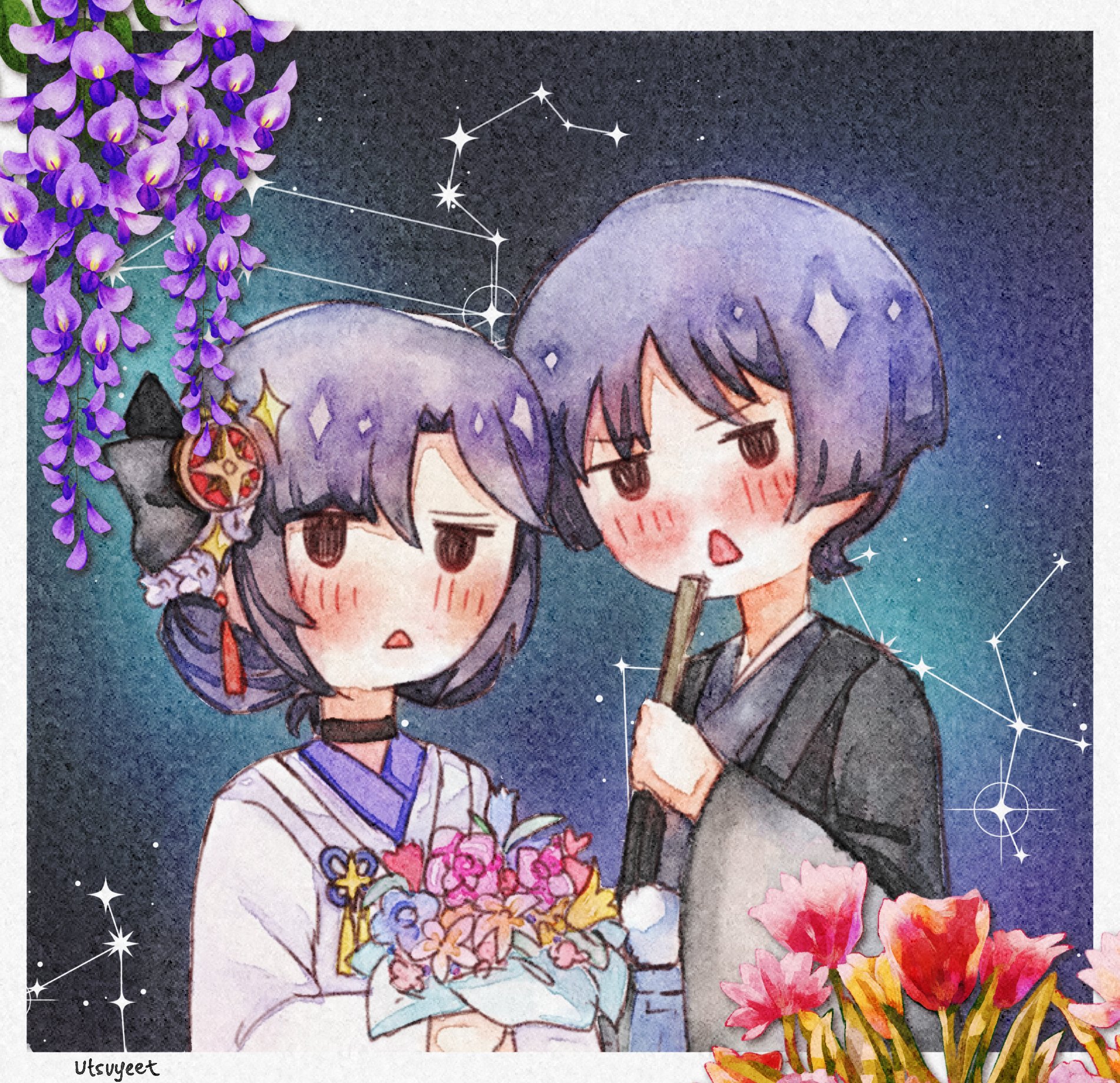 utsuyeet, mona (genshin impact), scaramouche (genshin impact), genshin impact, highres, 1boy, 1girl, alternate costume, alternate hairstyle, artist name, asymmetrical bangs, black bow, black choker, black eyes, black kimono, black sleeves, blue hakama, blunt bangs, blunt ends, blush, border, bouquet, bow, chinese knot, choker, constellation, crescent, crescent hair ornament, double bun, earrings, flower, folding fan, hair between eyes, hair bow, hair bun, hair flower, hair intakes, hair ornament, hakama, han'eri, hand fan, haori himo, holding, holding bouquet, holding fan, japanese clothes, jewelry, jitome, kimono, long sleeves, looking at viewer, night, night sky, open mouth, parted bangs, pink flower, purple flower, purple hair, purple kimono, short hair, sky, star (sky), star (symbol), star hair ornament, starry sky, tassel, tassel earrings, triangle mouth, white border, white flower, white kimono, white sleeves, wide sleeves, wispy bangs