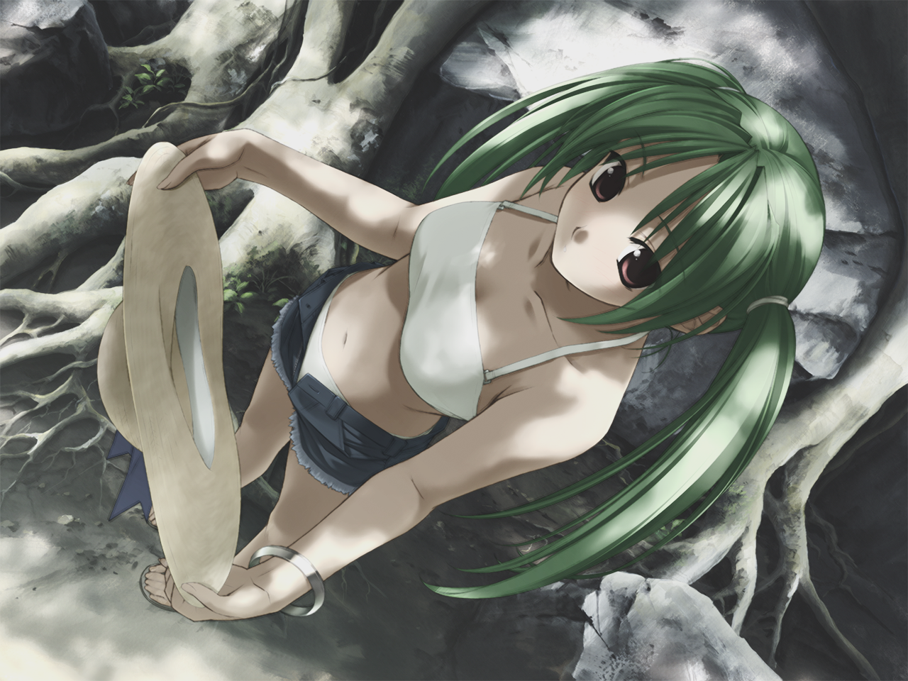 hashimoto takashi, kimiyoshi natsumi, higurashi no naku koro ni, 00s, 1girl, casual, dappled sunlight, denim, denim shorts, female focus, green hair, hair ribbon, hat, jeans, midriff, navel, pants, ribbon, sandals, shorts, solo, sunlight, tank top, twintails, unbuttoned, unzipped
