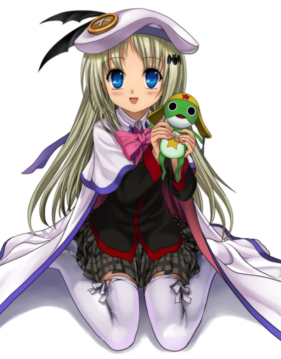 mutsuki (moonknives), keroro, noumi kudryavka, keroro gunsou, key (company), little busters!, 1girl, beret, blonde hair, blue eyes, blush, bow, buttons, cape, fang, female focus, hair ornament, hairclip, hat, large buttons, long hair, open mouth, pink bow, plaid clothes, plaid skirt, school uniform, skirt, solo, thighhighs, zettai ryouiki