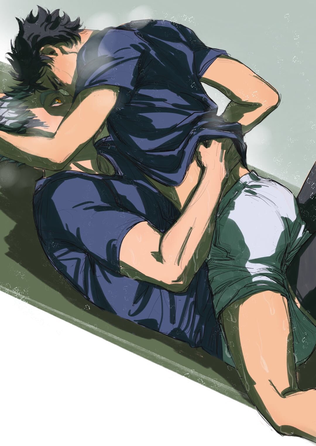 koukiki9, akaashi keiji, bokuto koutarou, haikyuu!!, commentary request, highres, 2boys, black hair, blue shirt, boy on top, hand on another's back, knee pads, looking at another, male focus, multiple boys, shirt, short hair, shorts, thighs, white hair, white shorts, yaoi, yellow eyes