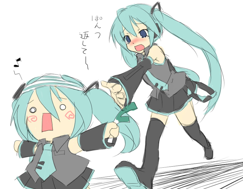 tetora(kari), tetora (kari), hachune miku, hatsune miku, vocaloid, 2girls, aqua hair, blue eyes, chasing, chibi, clothes theft, detached sleeves, long hair, multiple girls, necktie, object on head, outstretched arm, outstretched hand, panties, panties on head, reaching, skirt, spring onion, striped clothes, striped panties, tears, theft, thighhighs, twintails, underwear, underwear theft