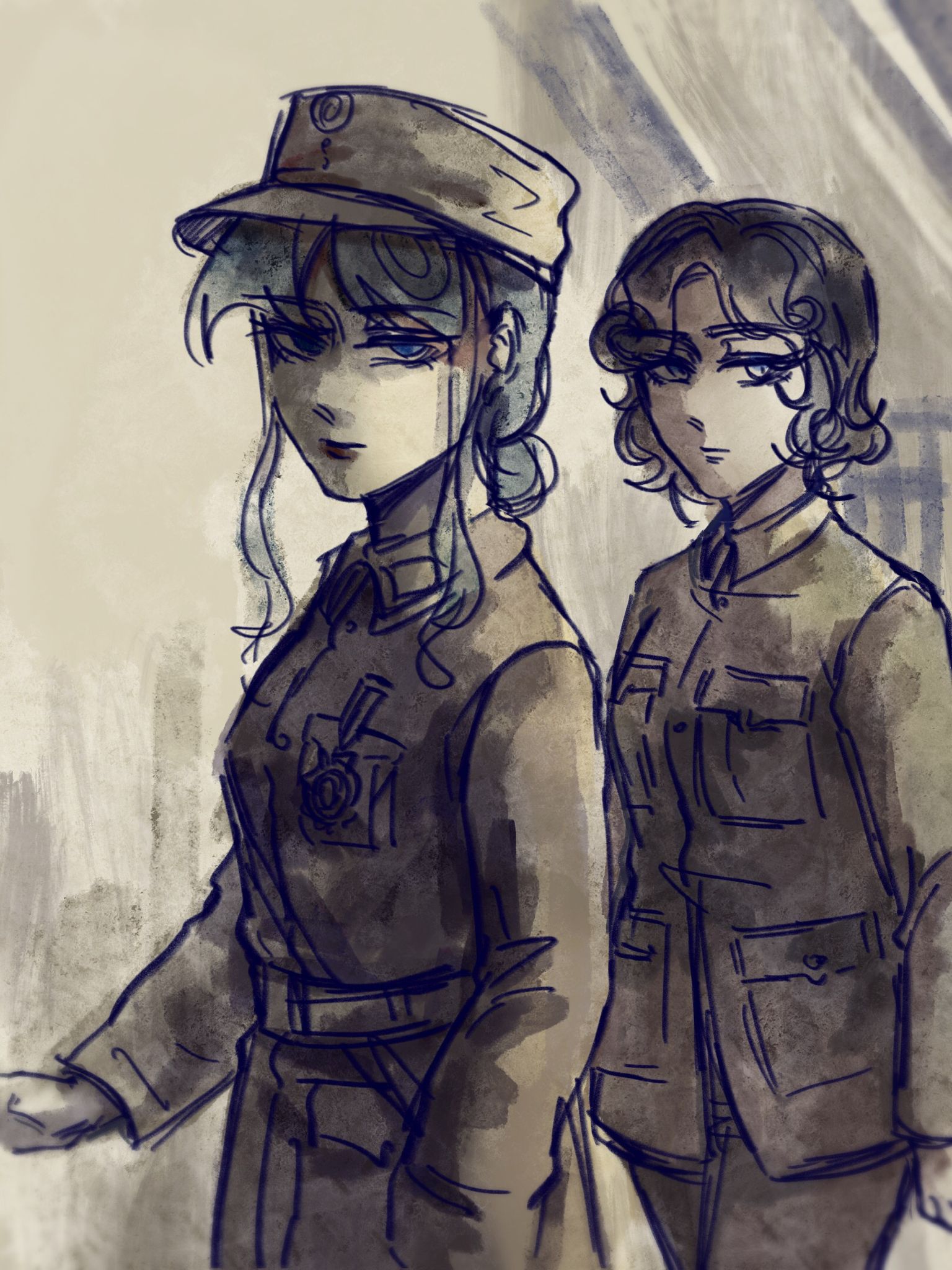 tkotu, highres, 2girls, blue eyes, blue hair, breast pocket, brown pants, brown shirt, expressionless, hat, kmt (tkotu), long sleeves, looking at viewer, low ponytail, medal, military hat, multiple girls, pants, partyhumans, pocket, ponytail, shirt, short hair, sidelocks