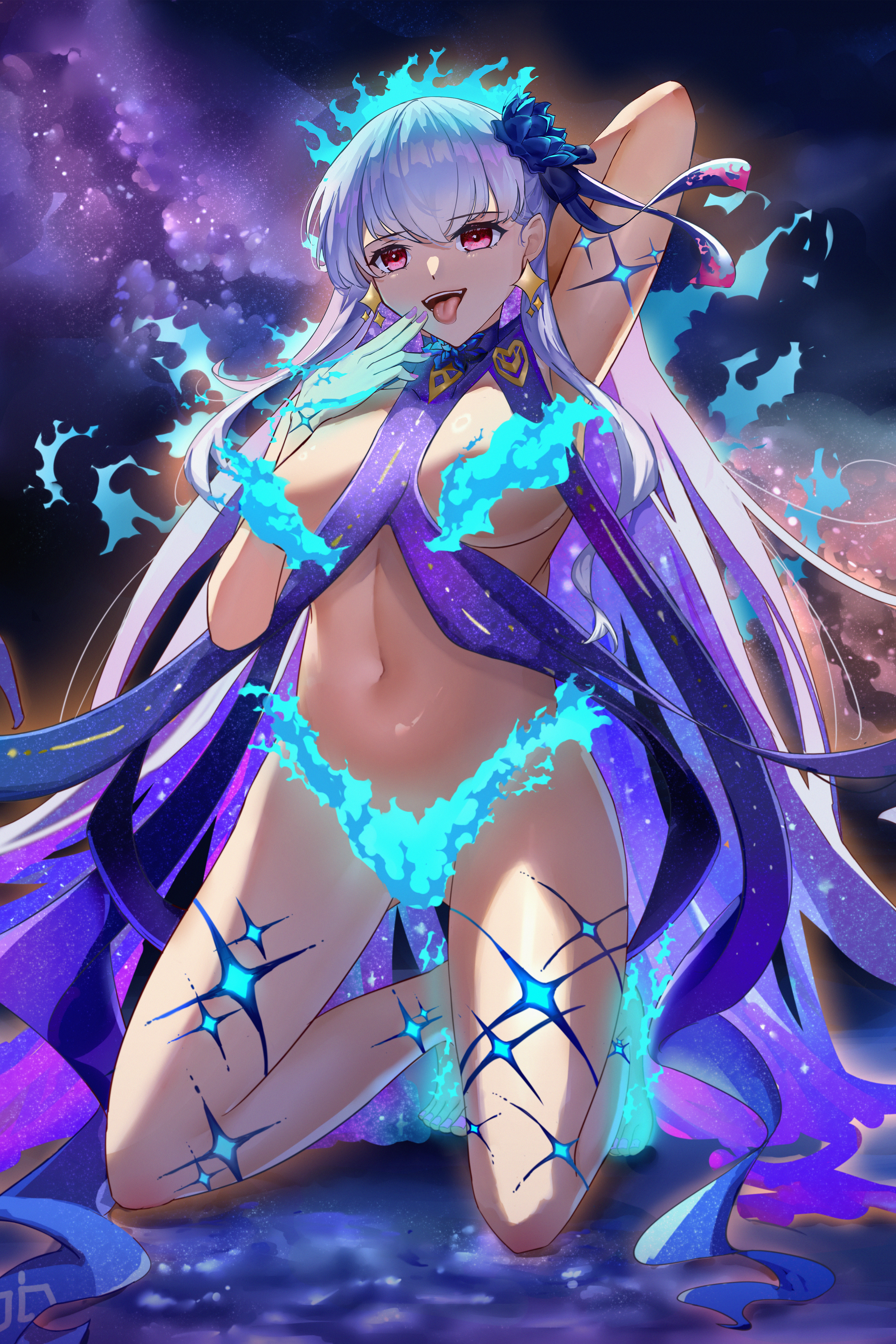 wuzoto, kama (adult) (fate), kama (fate), kama (swimsuit avenger) (third ascension) (fate), kama (third ascension) (fate), fate/grand order, fate (series), absurdres, chinese commentary, commentary request, highres, 1girl, arms behind head, blue fire, blue ribbon, breasts, colored inner hair, earrings, fiery clothing, fire, fire censor, flaming foot, flaming hand, flower, full body, hair flower, hair ornament, hair ribbon, jewelry, kneeling, large breasts, long hair, looking at viewer, multicolored hair, nail polish, navel, open mouth, pink nails, purple hair, red eyes, revealing clothes, ribbon, smile, solo, tongue, tongue out, water, white hair