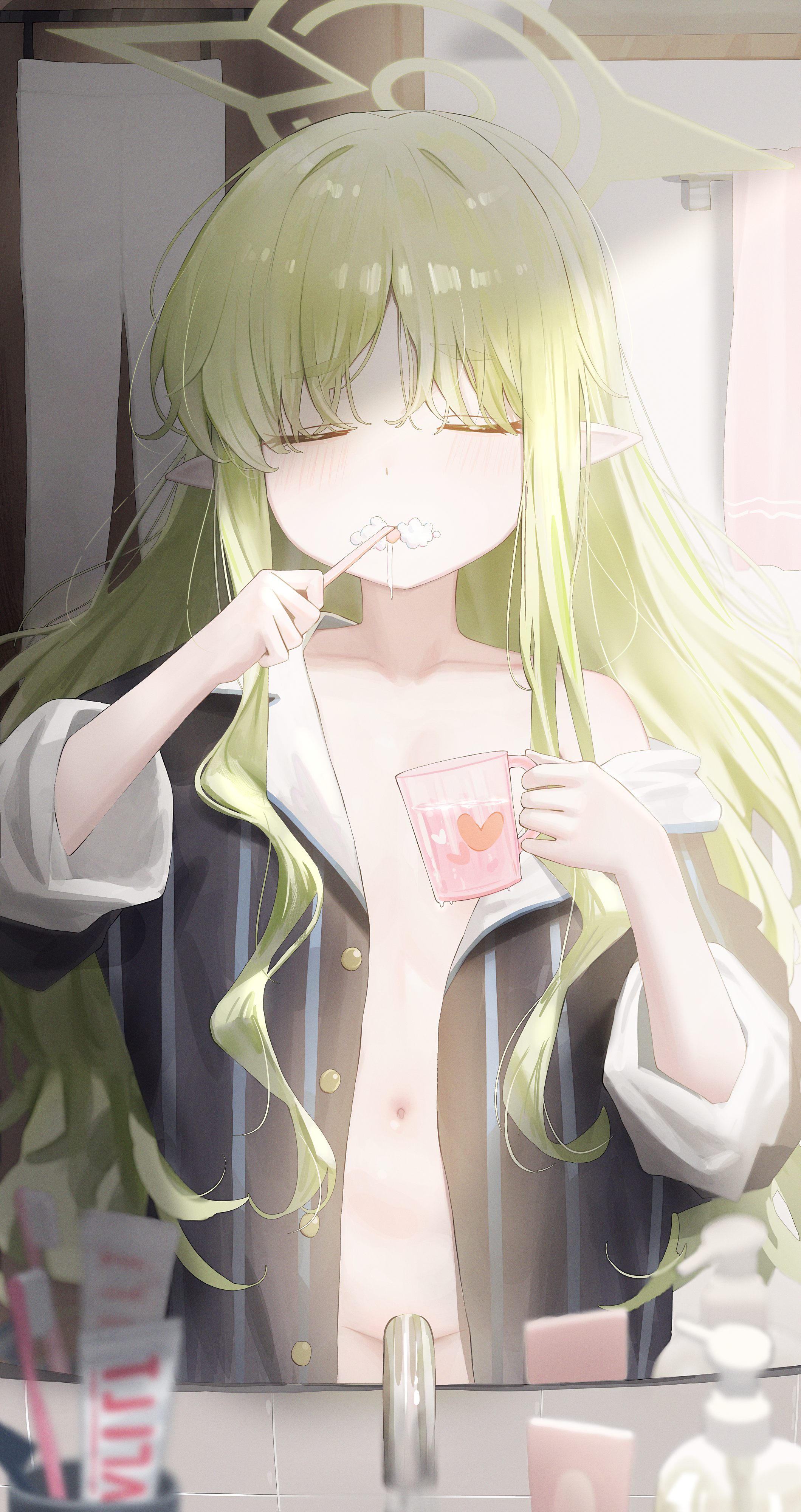 achib, hikari (blue archive), blue archive, absurdres, highres, 1girl, blush, brushing teeth, closed eyes, collarbone, cup, elf, facing viewer, flat chest, green hair, holding, holding cup, holding toothbrush, indoors, long hair, mug, navel, off shoulder, open clothes, pajamas, pointy ears, shirt, solo, toothbrush, upper body, very long hair