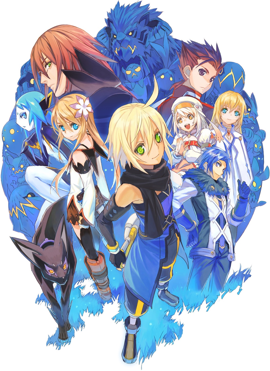 okumura daigo, alice (tales), aqua (tales), aqua (tales of symphonia), colette brunel, decus (tales), emil castagnier, lloyd irving, marta lualdi, richter abend, tenebrae (tales), namco, tales of (series), tales of symphonia, tales of symphonia: dawn of the new world, highres, official art, 00s, 4boys, 4girls, blonde hair, blue eyes, blue hair, boots, brown hair, detached sleeves, elbow gloves, everyone, fingerless gloves, flower, glasses, gloves, green eyes, long hair, miniskirt, monster, multiple boys, multiple girls, pantyhose, red hair, scarf, skirt, smile, sword, very long hair, weapon