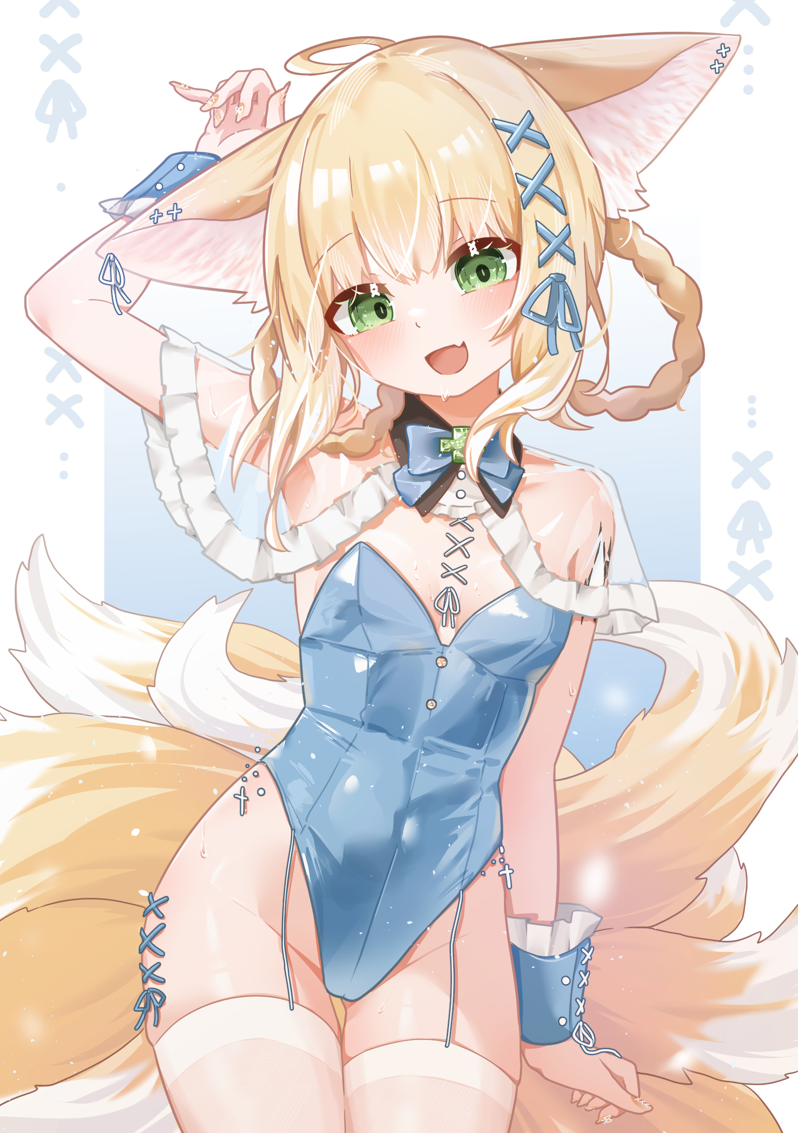 8 nana usagi, suzuran (arknights), arknights, commentary, highres, symbol-only commentary, 1girl, animal ears, arm up, blonde hair, blue bow, blue bowtie, blue leotard, blush, bow, bowtie, braid, breasts, covered navel, detached collar, fang, fox ears, fox girl, fox tail, green eyes, groin, kitsune, leotard, looking at viewer, material growth, multiple tails, neck ribbon, open mouth, oripathy lesion (arknights), playboy bunny, ribbon, skin fang, small breasts, smile, solo, strapless, strapless leotard, tail, thighs, wrist cuffs