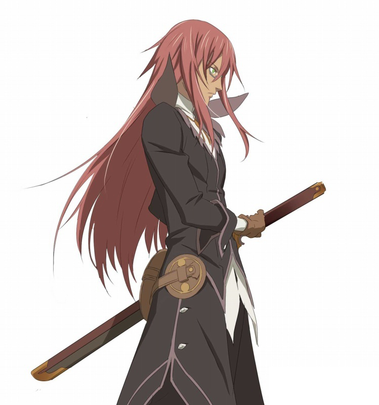 richter abend, namco, tales of (series), tales of symphonia, tales of symphonia: dawn of the new world, official art, 00s, 1boy, fighting stance, glasses, gloves, green eyes, long hair, male focus, ready to draw, red hair, simple background, solo, sword, weapon, white background