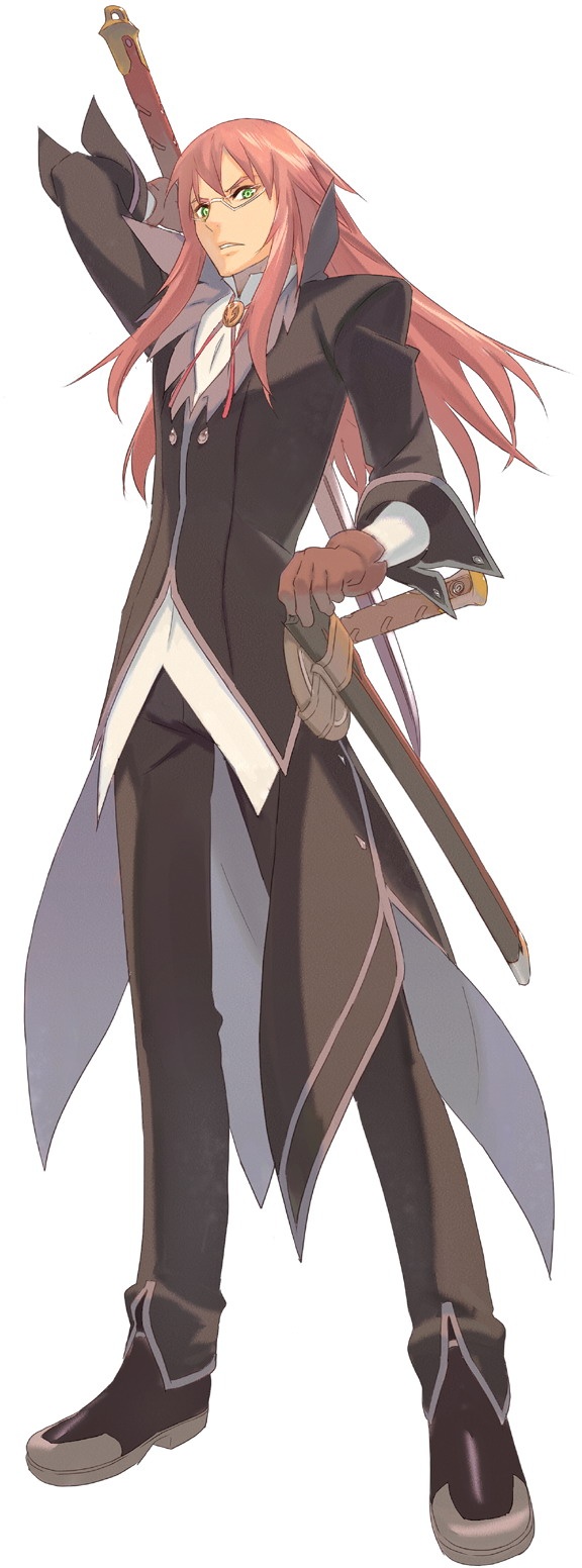 okumura daigo, richter abend, namco, tales of (series), tales of symphonia, tales of symphonia: dawn of the new world, highres, official art, 00s, 1boy, glasses, gloves, green eyes, long hair, male focus, red hair, sheath, solo, sword, weapon