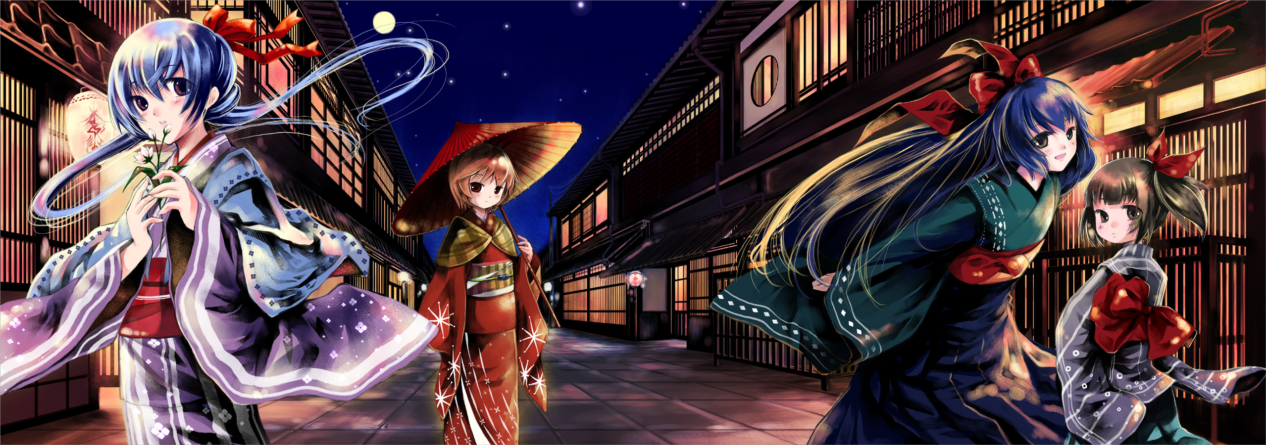 kaedena akino, miyabi akino, original, bad id, bad pixiv id, highres, long image, wide image, 4girls, architecture, east asian architecture, flower, japanese clothes, kimono, long hair, moon, multiple girls, night, oil-paper umbrella, ponytail, short hair, star (symbol), twintails, umbrella