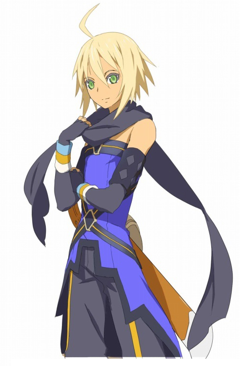 emil castagnier, namco, tales of (series), tales of symphonia, tales of symphonia: dawn of the new world, official art, 00s, 1boy, blonde hair, elbow gloves, fingerless gloves, gloves, green eyes, male focus, scarf, simple background, smile, solo, white background