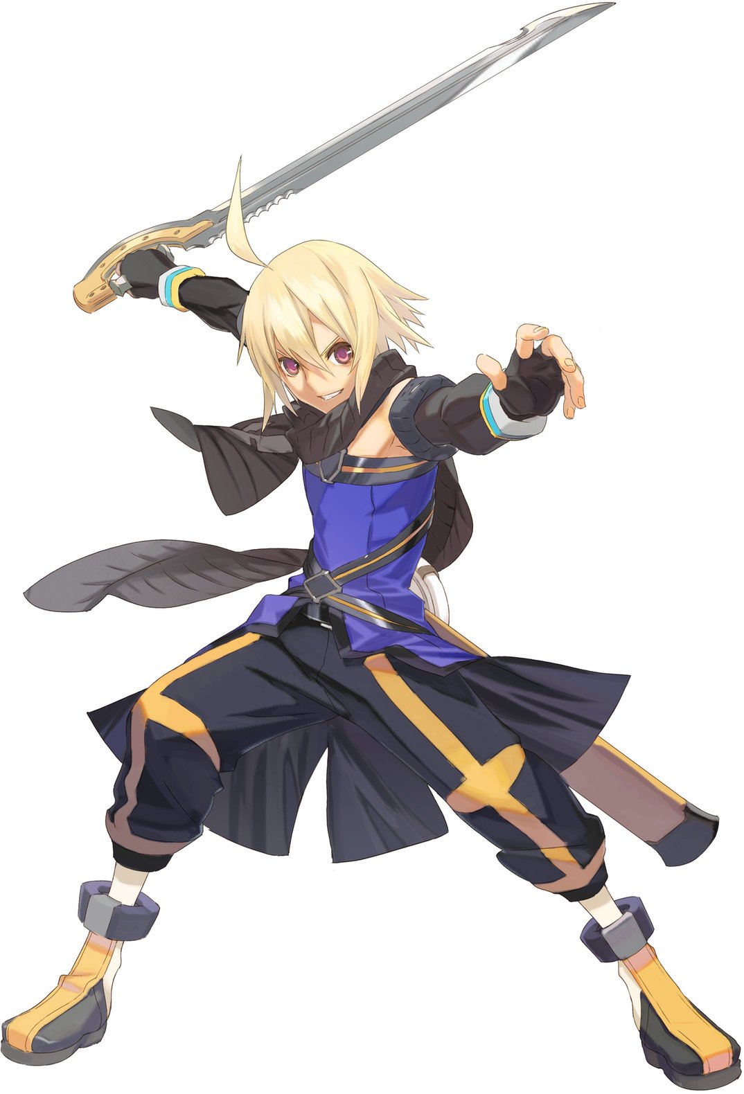 okumura daigo, emil castagnier, namco, tales of (series), tales of symphonia, tales of symphonia: dawn of the new world, highres, official art, 00s, 1boy, blonde hair, elbow gloves, fingerless gloves, gloves, grin, male focus, red eyes, scarf, smile, solo, sword, weapon
