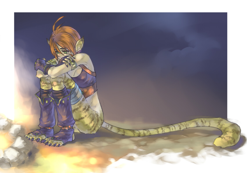 ryuu (mat hin), ryuu (pixiv345842), katt (breath of fire), breath of fire, breath of fire ii, fur, bad id, bad pixiv id, 1girl, animal ears, boots, cat ears, cat tail, female focus, fingerless gloves, gloves, green eyes, knee boots, red hair, solo, tail