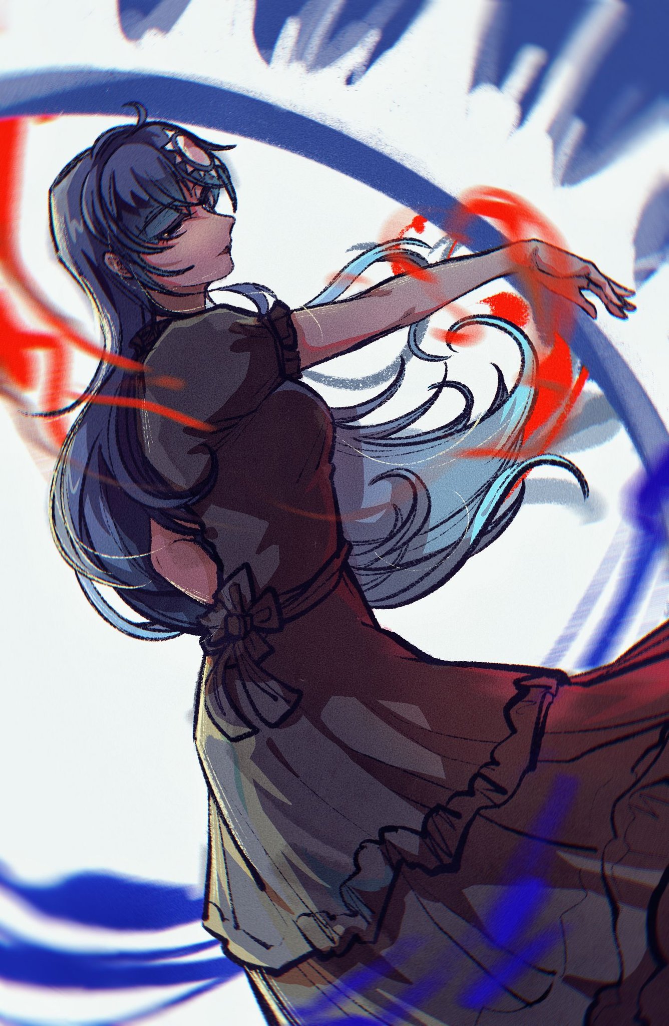 tkotu, highres, 1girl, ahoge, blue eyes, blue hair, dress, floating hair, frilled sleeves, frills, hand up, kmt (tkotu), layered dress, long hair, long sleeves, partyhumans, puffy short sleeves, puffy sleeves, purple dress, short sleeves, solo, sun hair ornament, very long hair