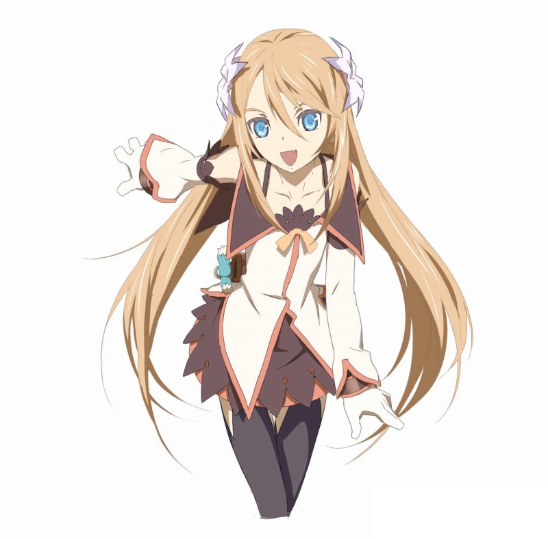 marta lualdi, namco, tales of (series), tales of symphonia, tales of symphonia: dawn of the new world, official art, 00s, blue eyes, brown hair, detached sleeves, fang, flower, gloves, hair ornament, long hair, miniskirt, skirt, smile, solo, thighhighs, very long hair