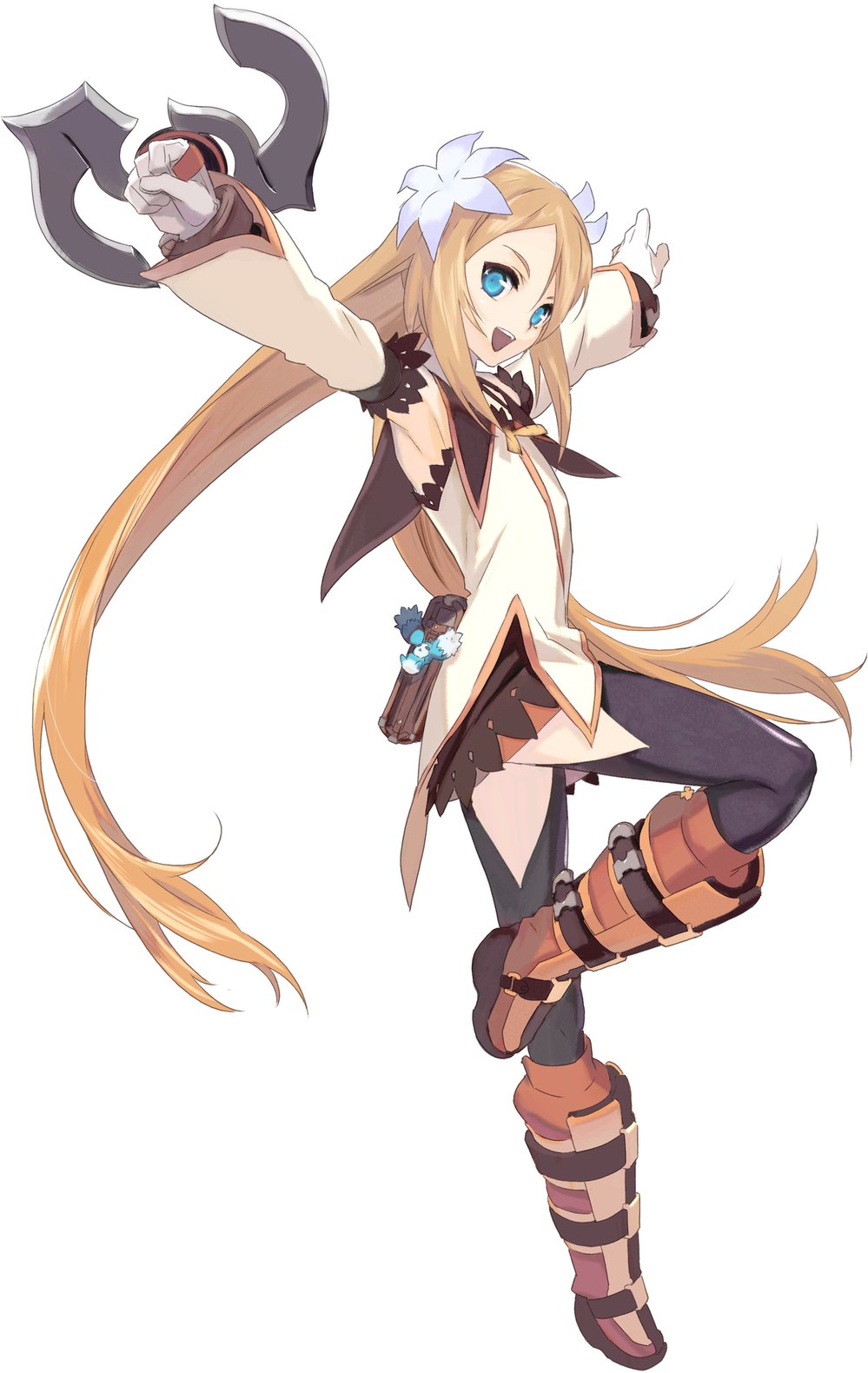 okumura daigo, marta lualdi, namco, tales of (series), tales of symphonia, tales of symphonia: dawn of the new world, highres, official art, 00s, 1girl, armpits, blue eyes, boots, brown hair, detached sleeves, female focus, flower, gloves, hair ornament, knee boots, long hair, miniskirt, skirt, smile, solo, thighhighs, very long hair