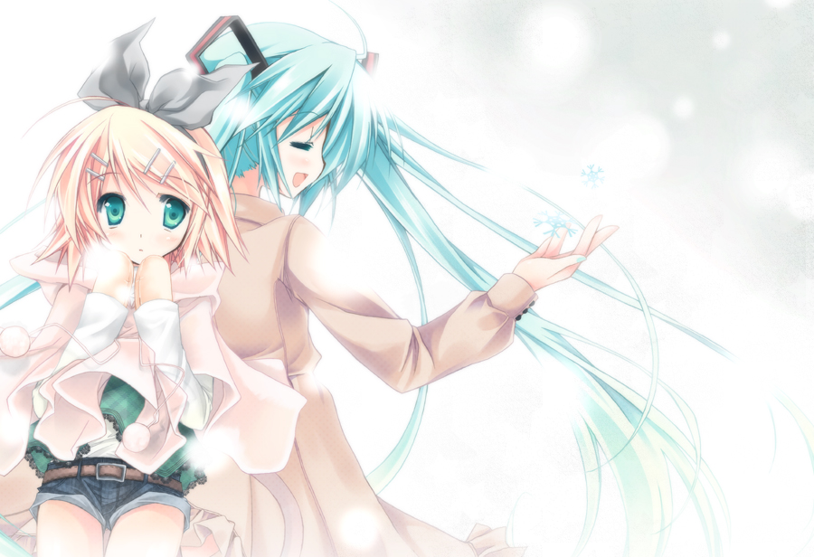 purinpurin, hatsune miku, kagamine rin, vocaloid, bad id, bad pixiv id, blonde hair, blue hair, coat, green eyes, long hair, mittens, short hair, snowflakes, twintails, very long hair