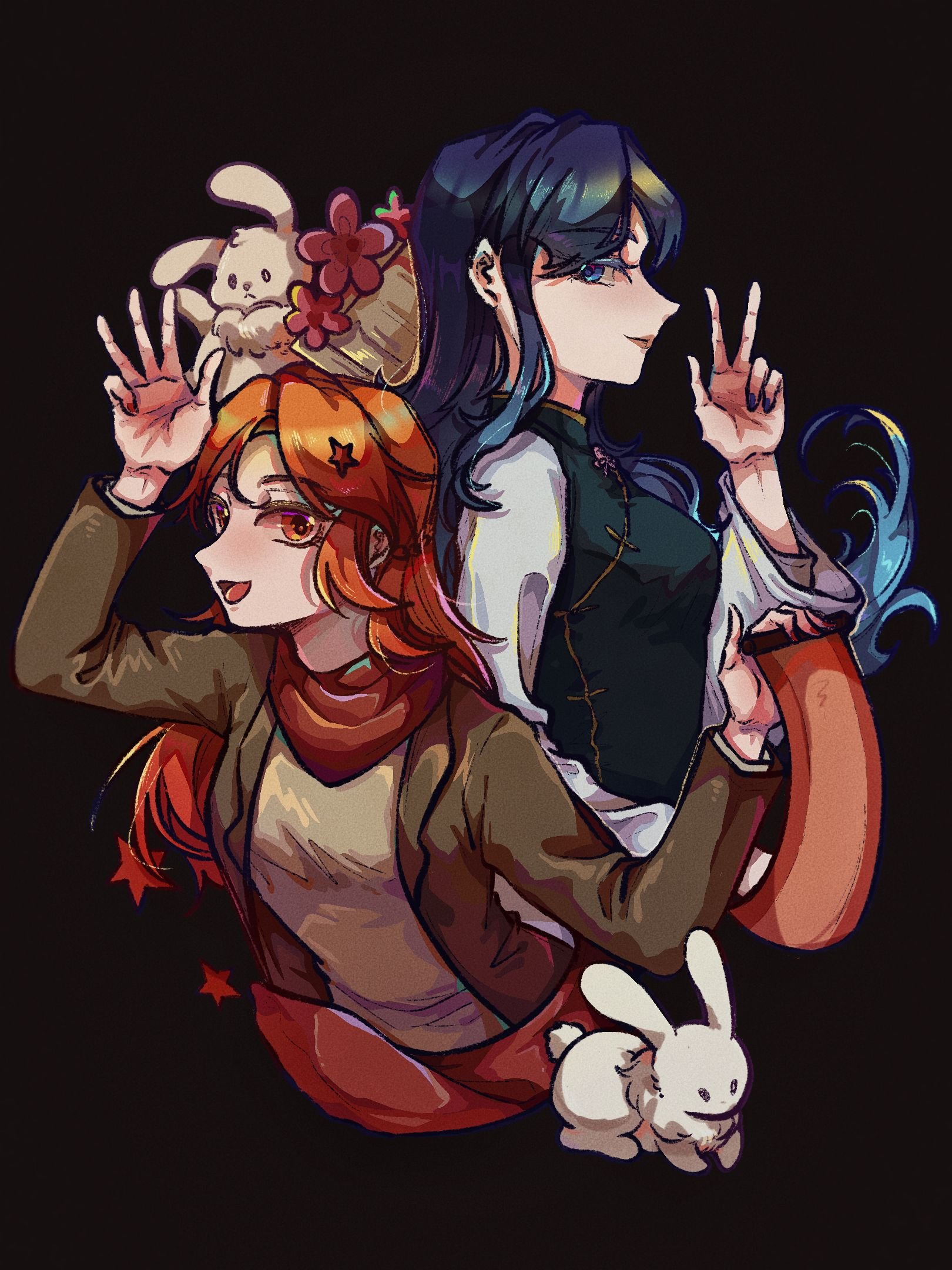 tkotu, highres, 2girls, arm up, black background, blue dress, blue eyes, blue hair, blue nails, braid, breasts, china dress, chinese clothes, closed mouth, collared dress, cpc (tkotu), dress, flower, green jacket, grey shirt, hair ornament, half up braid, jacket, kmt (tkotu), long hair, long sleeves, looking at viewer, medium breasts, multiple girls, nail polish, neckerchief, open clothes, open jacket, open mouth, orange eyes, orange hair, partyhumans, pink flower, rabbit, red neckerchief, shirt, shirt under dress, simple background, sleeveless, sleeveless dress, smile, star (symbol), star hair ornament, very long hair, white shirt