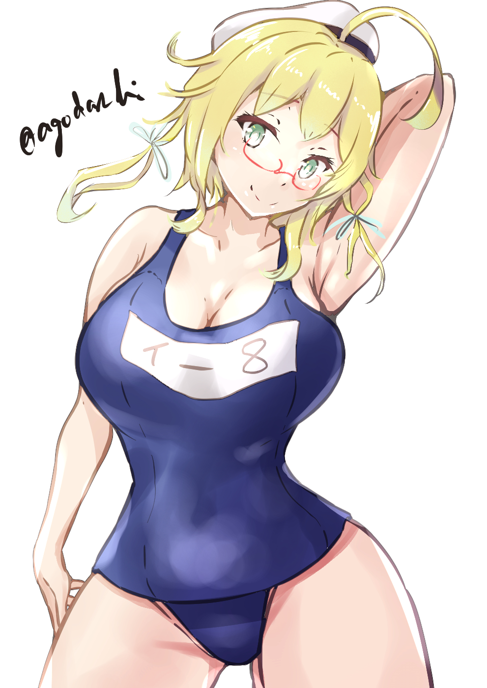 agodashi, i-8 (kancolle), kantai collection, highres, 1girl, arm behind head, blonde hair, blue one-piece swimsuit, breasts, cleavage, glasses, green eyes, hat, large breasts, long hair, name tag, old school swimsuit, one-hour drawing challenge, one-piece swimsuit, sailor hat, school swimsuit, semi-rimless eyewear, simple background, solo, swimsuit, twitter username, under-rim eyewear, white background