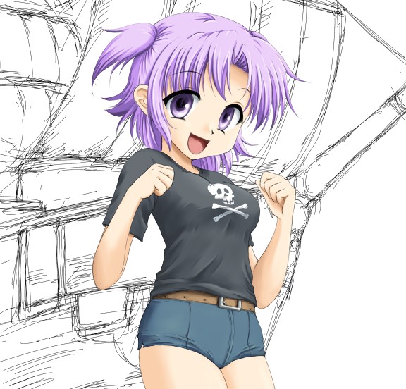 regdic, original, 1girl, :d, breasts, female focus, medium breasts, open mouth, pirate, purple eyes, purple hair, ship, short shorts, shorts, sketch, skull, skull and crossbones, smile, solo, watercraft