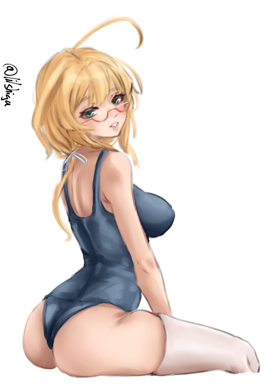 lilshigu, i-8 (kancolle), kantai collection, highres, 1girl, ahoge, ass, blonde hair, blue one-piece swimsuit, breasts, feet out of frame, from behind, glasses, green eyes, large breasts, one-hour drawing challenge, one-piece swimsuit, parted lips, red-framed eyewear, school swimsuit, semi-rimless eyewear, simple background, sitting, solo, swimsuit, thighhighs, twintails, twitter username, under-rim eyewear, white background, white thighhighs