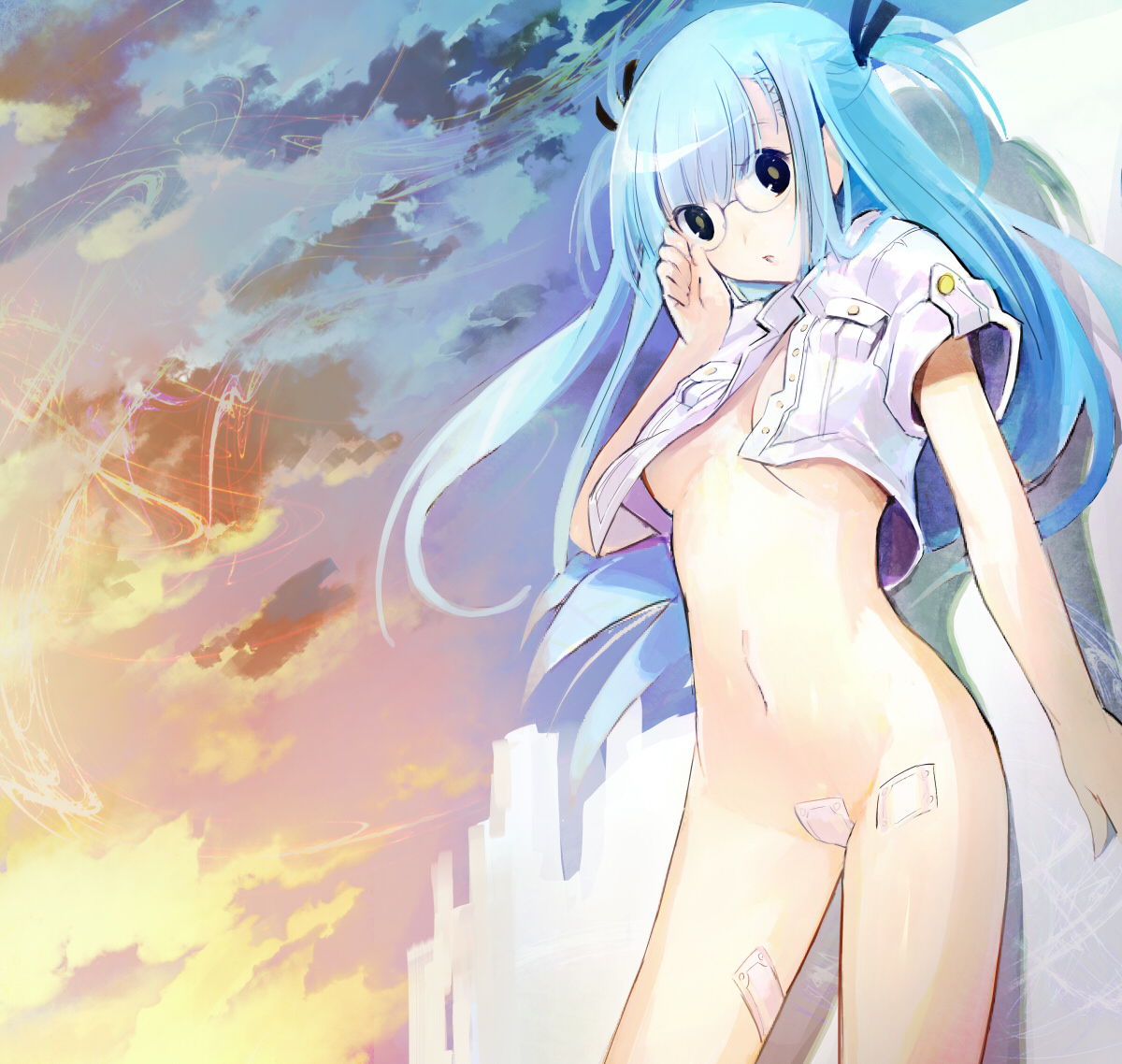 ein (artist), ein (long cake), original, 1girl, blue eyes, blue hair, bottomless, female focus, glasses, long hair, maebari, matching hair/eyes, open clothes, open shirt, shirt, short twintails, sky, solo, twintails, two side up