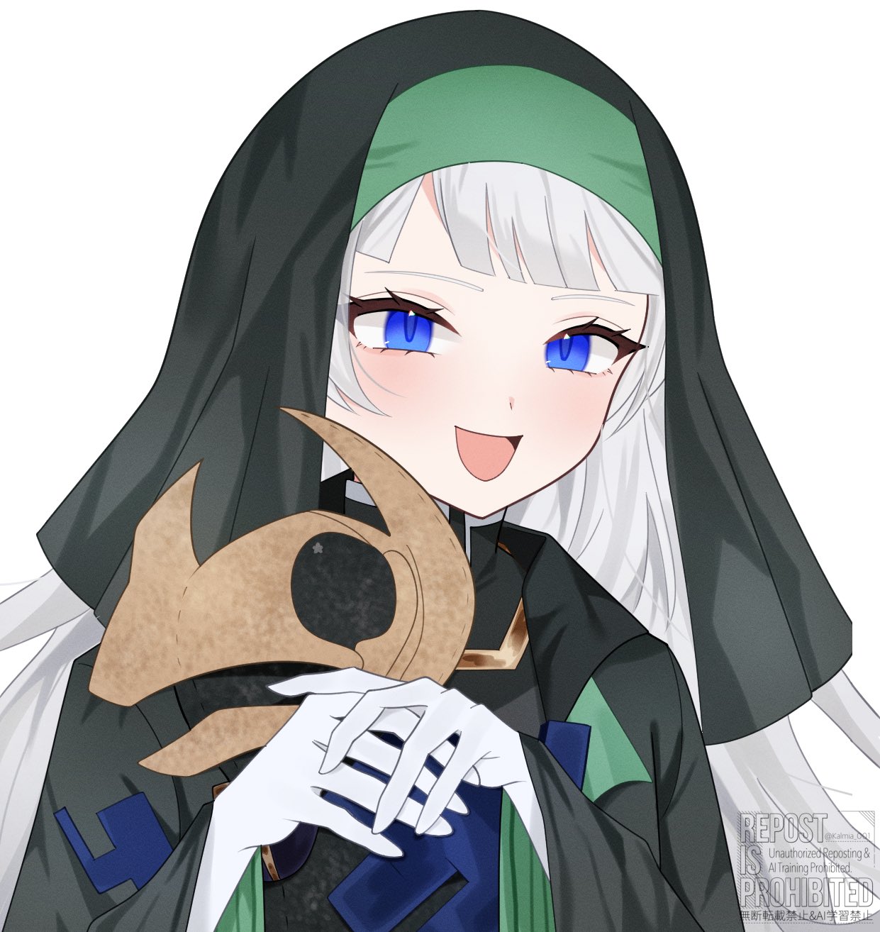 kalmia001, mayors (project moon), seaborn (arknights), arknights, limbus company, project moon, highres, 1girl, blue eyes, creature, holding, hood, long hair, monster, nethersea founder (arknights), robe, smile, white background, white hair