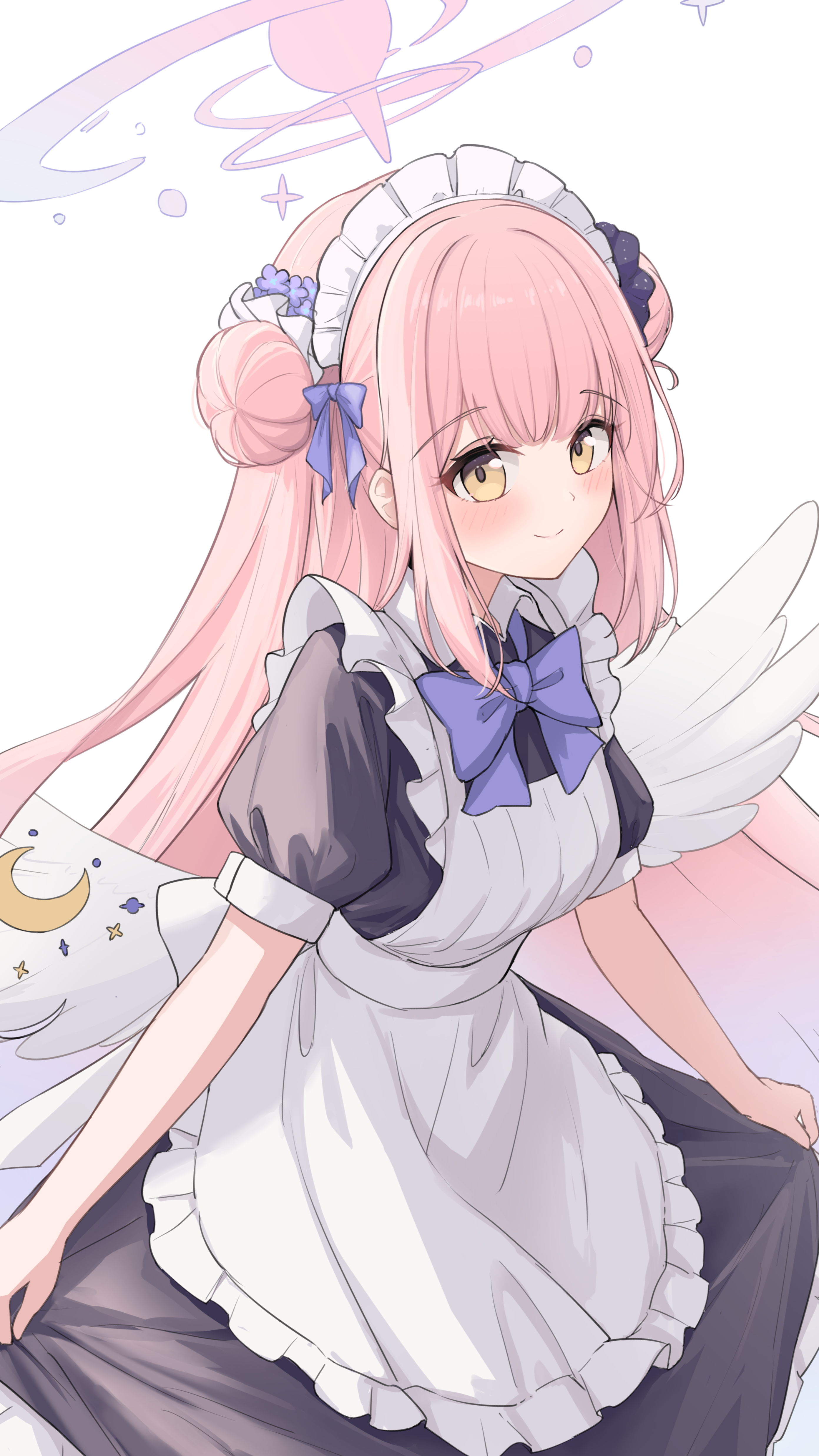 mika (blue archive), blue archive, absurdres, highres, 1girl, alternate costume, angel wings, apron, black dress, blue bow, blush, bow, closed mouth, crescent, double bun, dress, feathered wings, flower, frilled apron, frills, hair bun, hair flower, hair ornament, halo, long hair, looking at viewer, low wings, maid, maid apron, maid headdress, pink hair, pink halo, puffy short sleeves, puffy sleeves, shirakawaui, short sleeves, simple background, smile, solo, very long hair, white apron, white background, white wings, wings, yellow eyes